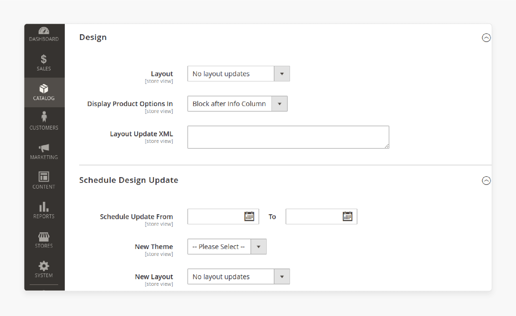 Adjusting design settings, such as layout and display options, for simple products in Magento 2.