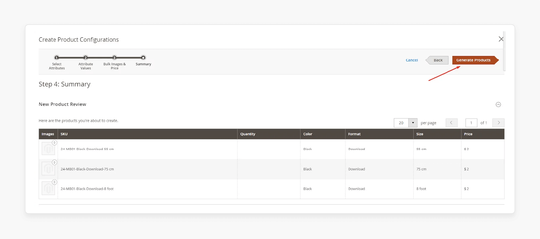 Generating individual variants for a configurable product in Magento 2 by combining feature sets and values.
