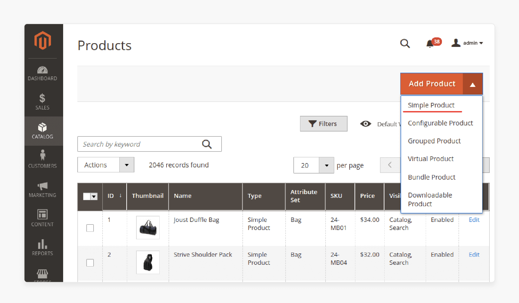 Navigating to the product creation interface in Magento 2 to set up simple or configurable products.