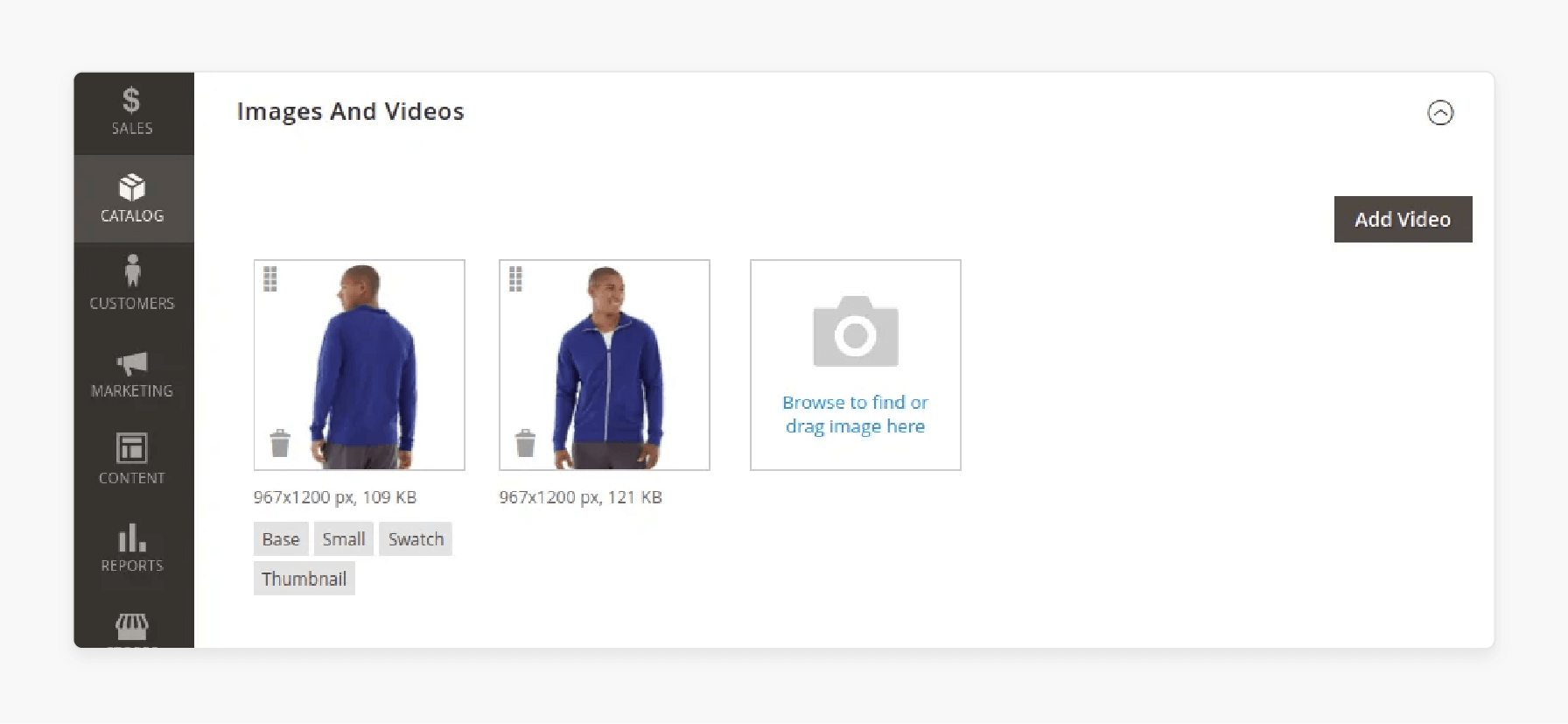 Adding product images and content for a simple product in Magento 2 to enhance product presentation.