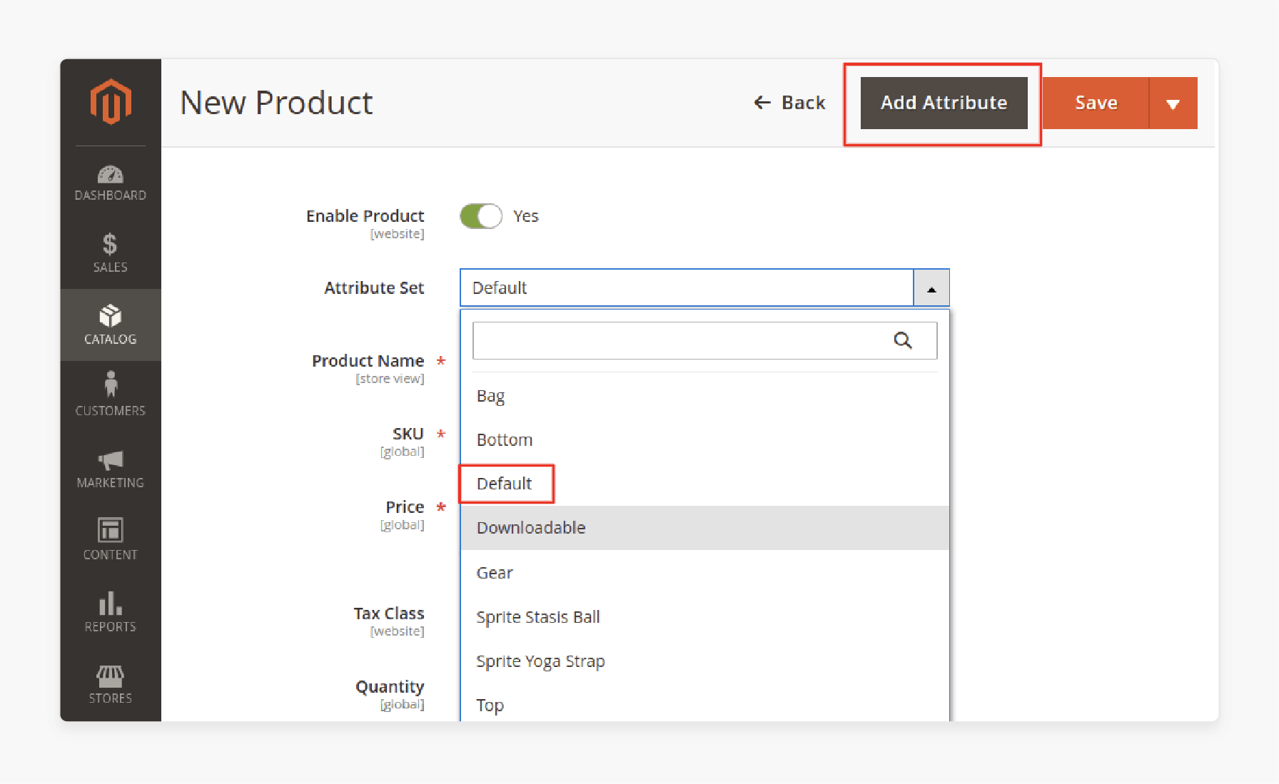 Selecting feature sets when creating a simple product in Magento 2 to define product attributes