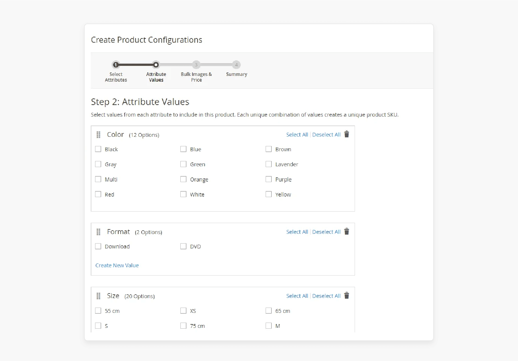 Configuring feature values like size or color for configurable products in Magento 2.