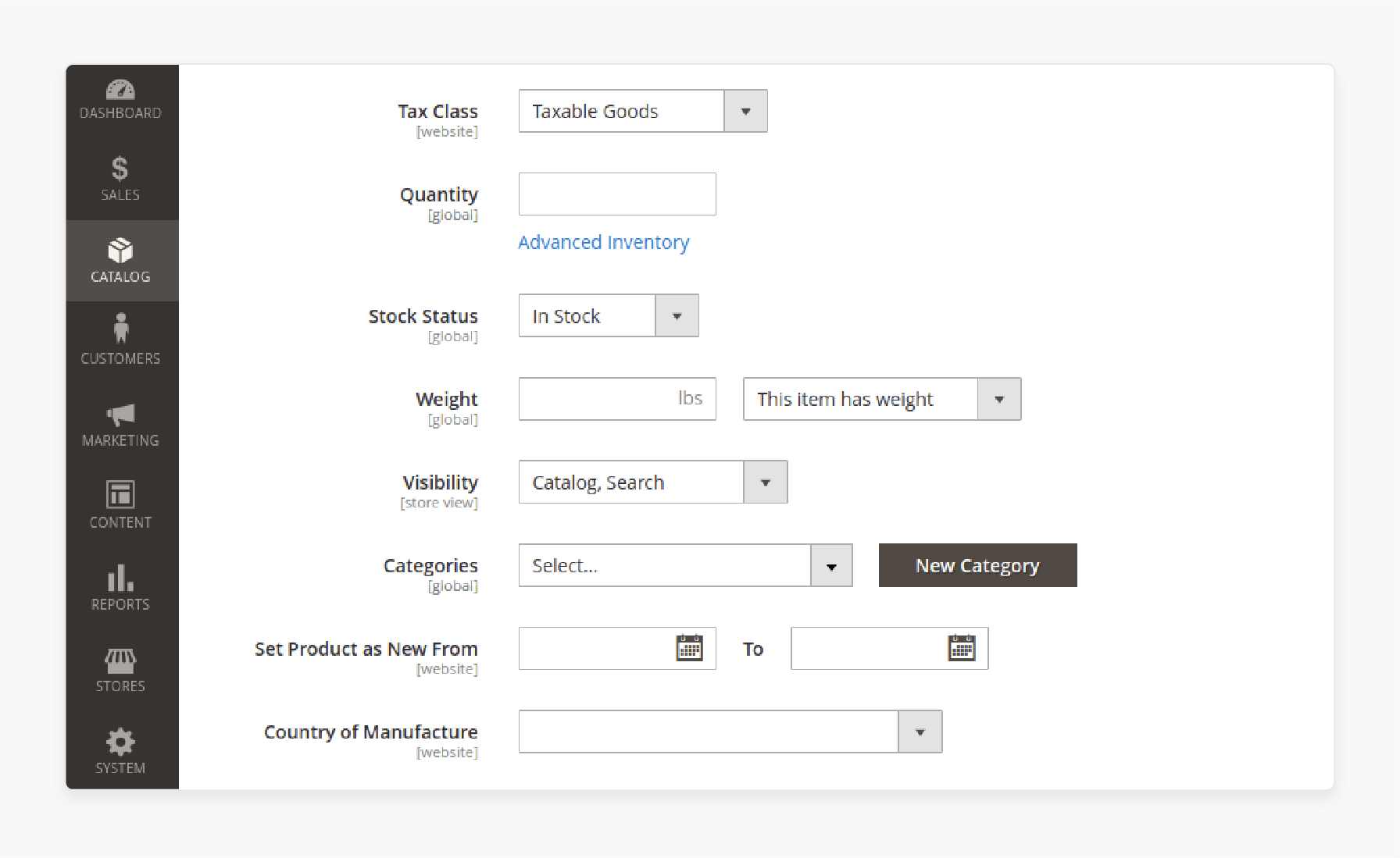 Finalizing basic settings for simple products in Magento 2, such as categories and tax class.
