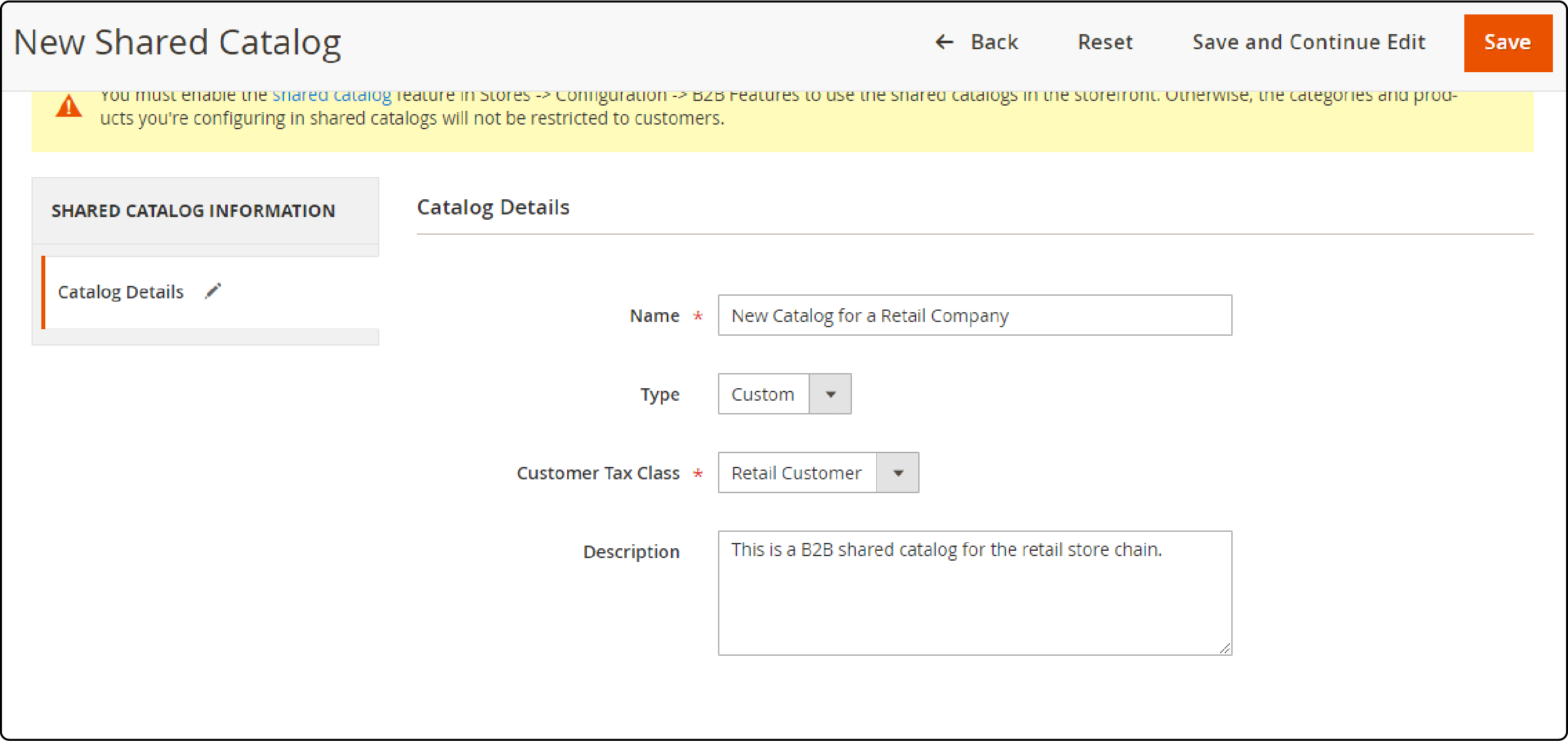 Adding a new shared catalog in Magento 2, demonstrating the initial setup process