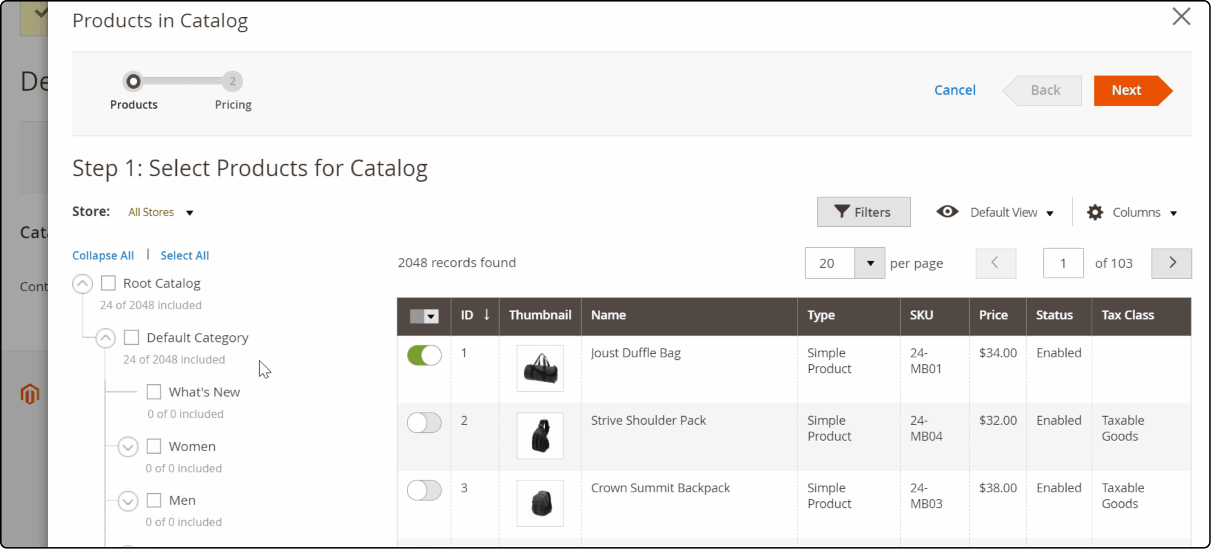 Selecting products for setting up catalog pricing and structure in Magento 2