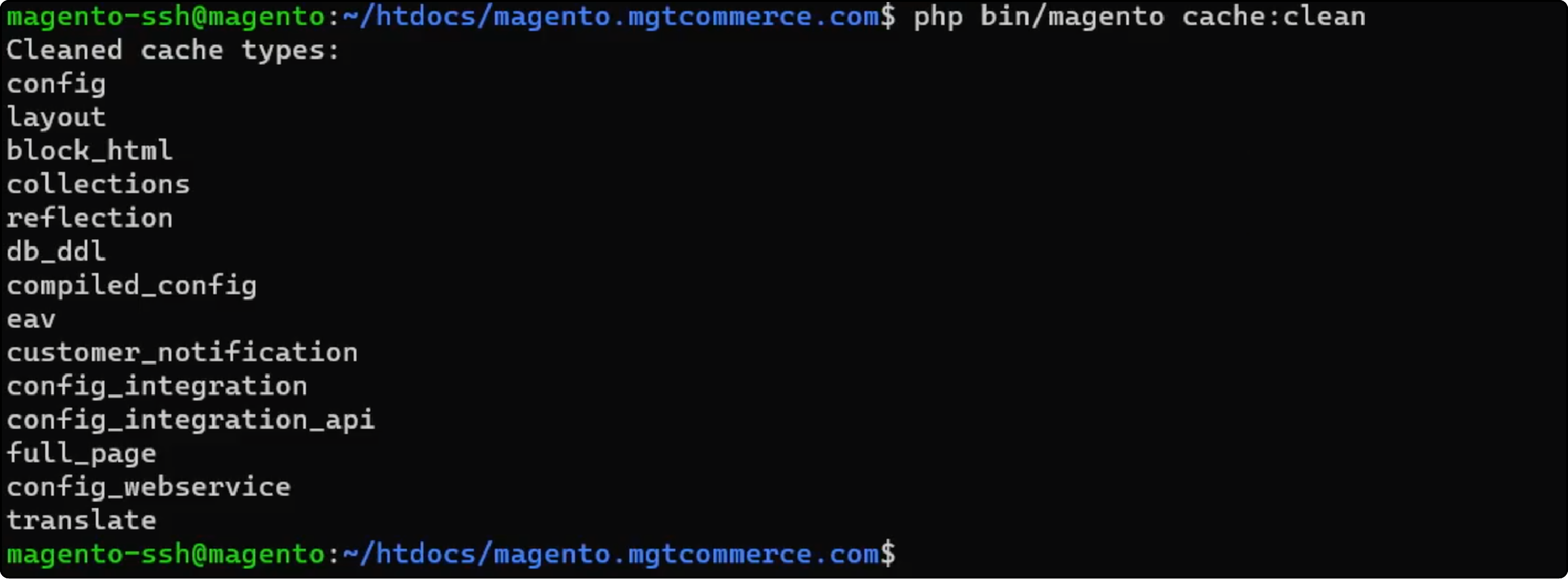 Command Line Interface Showing Magento 2 Cache Clearing Process