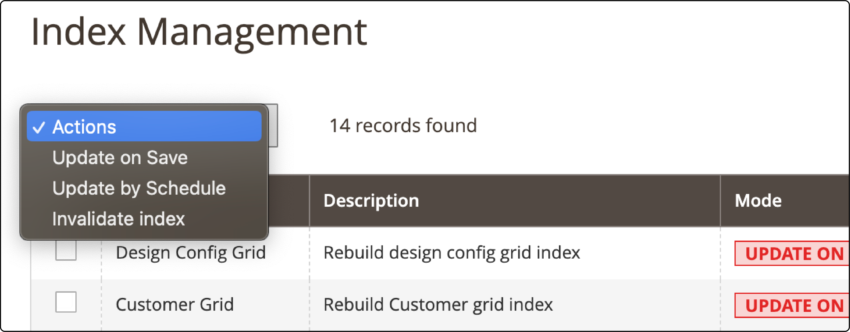 Dropdown menu in Magento index management with update and reindex options 