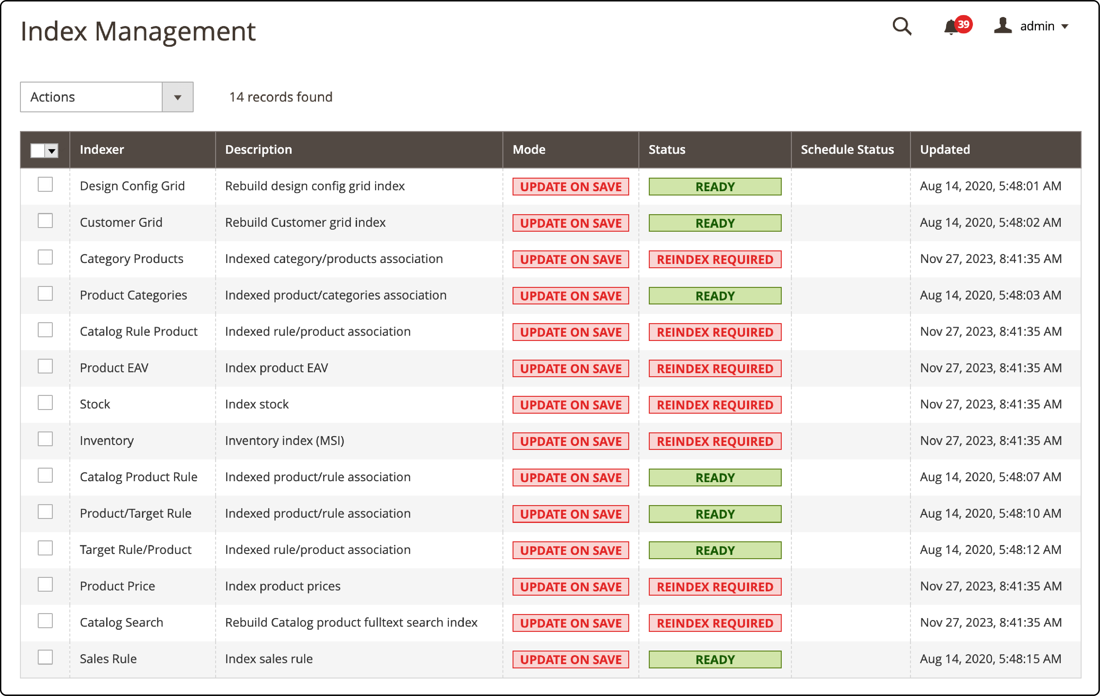 Magento admin panel showing navigation to index management section