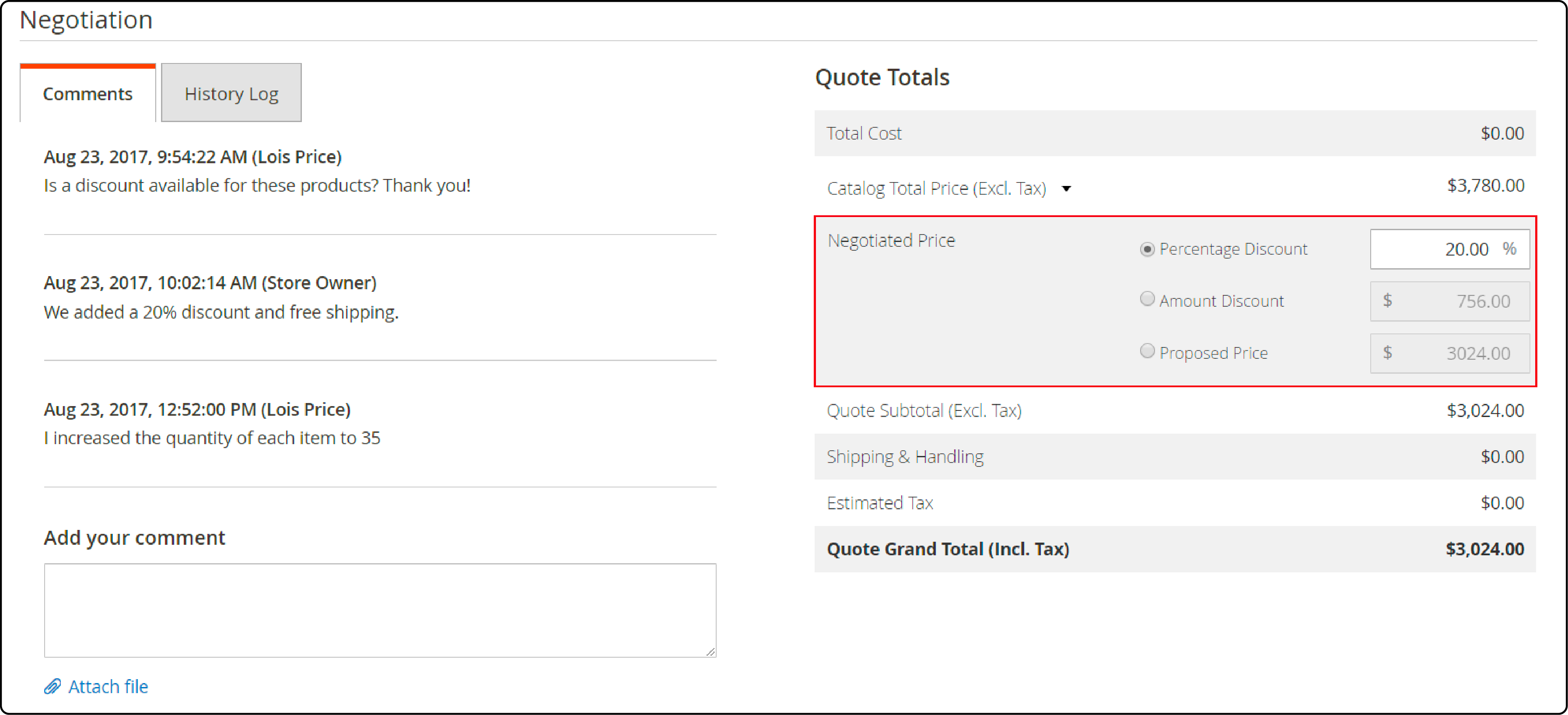 Process of updating negotiation price in Magento B2B quote