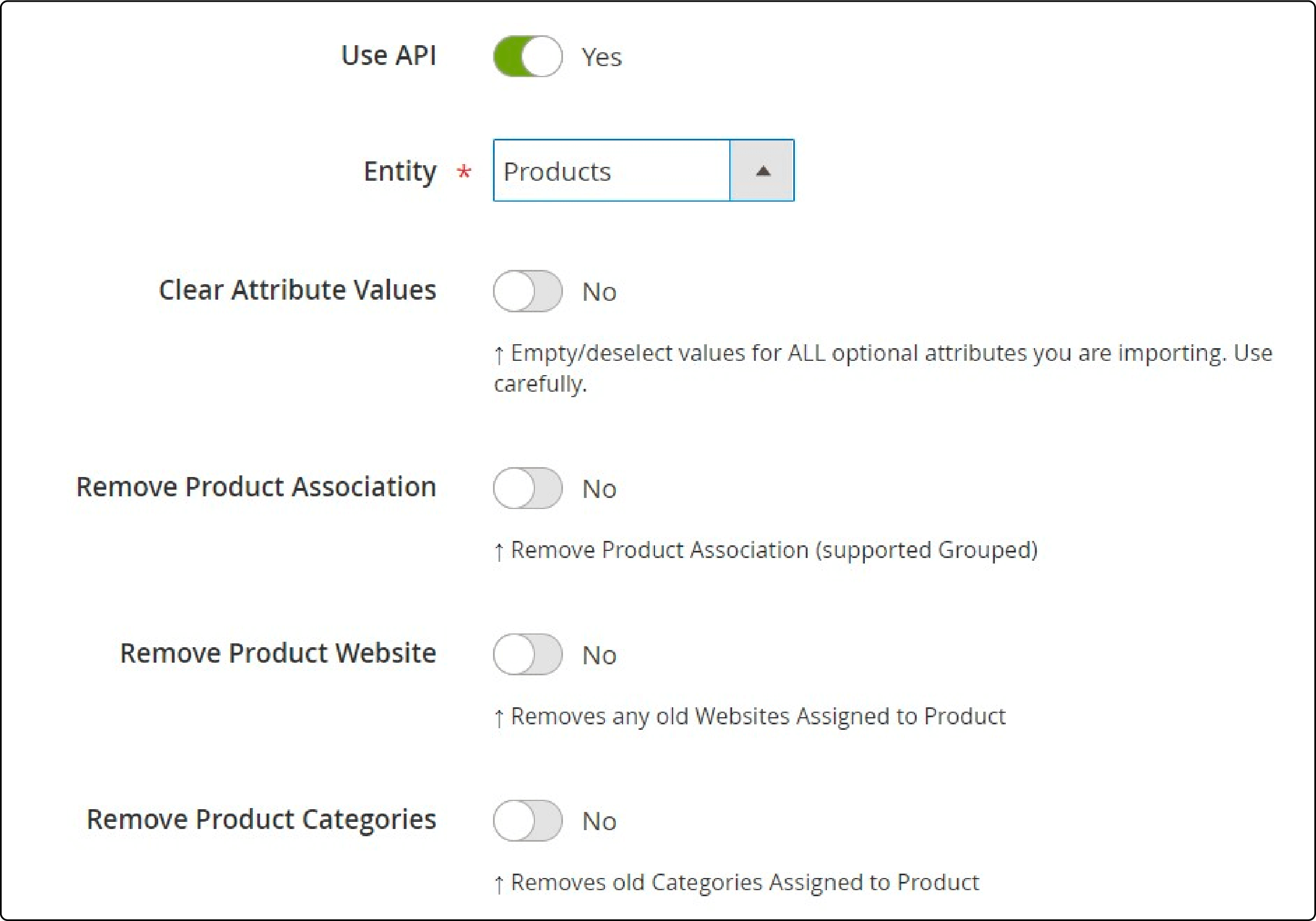  Options and configurations in import settings for API migration