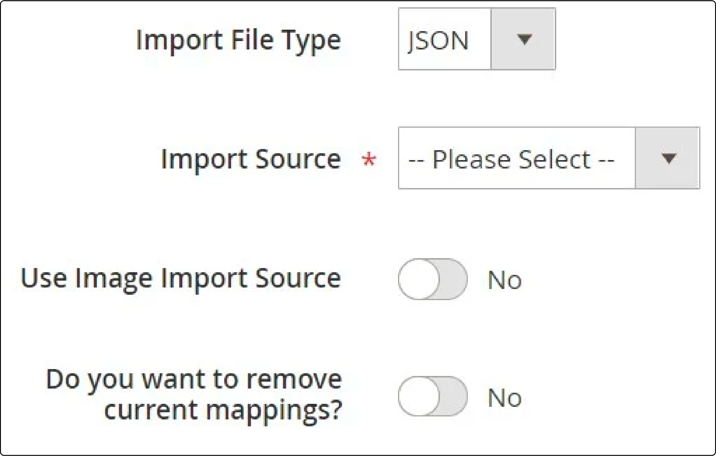 View of import source settings in API based ecommerce migration