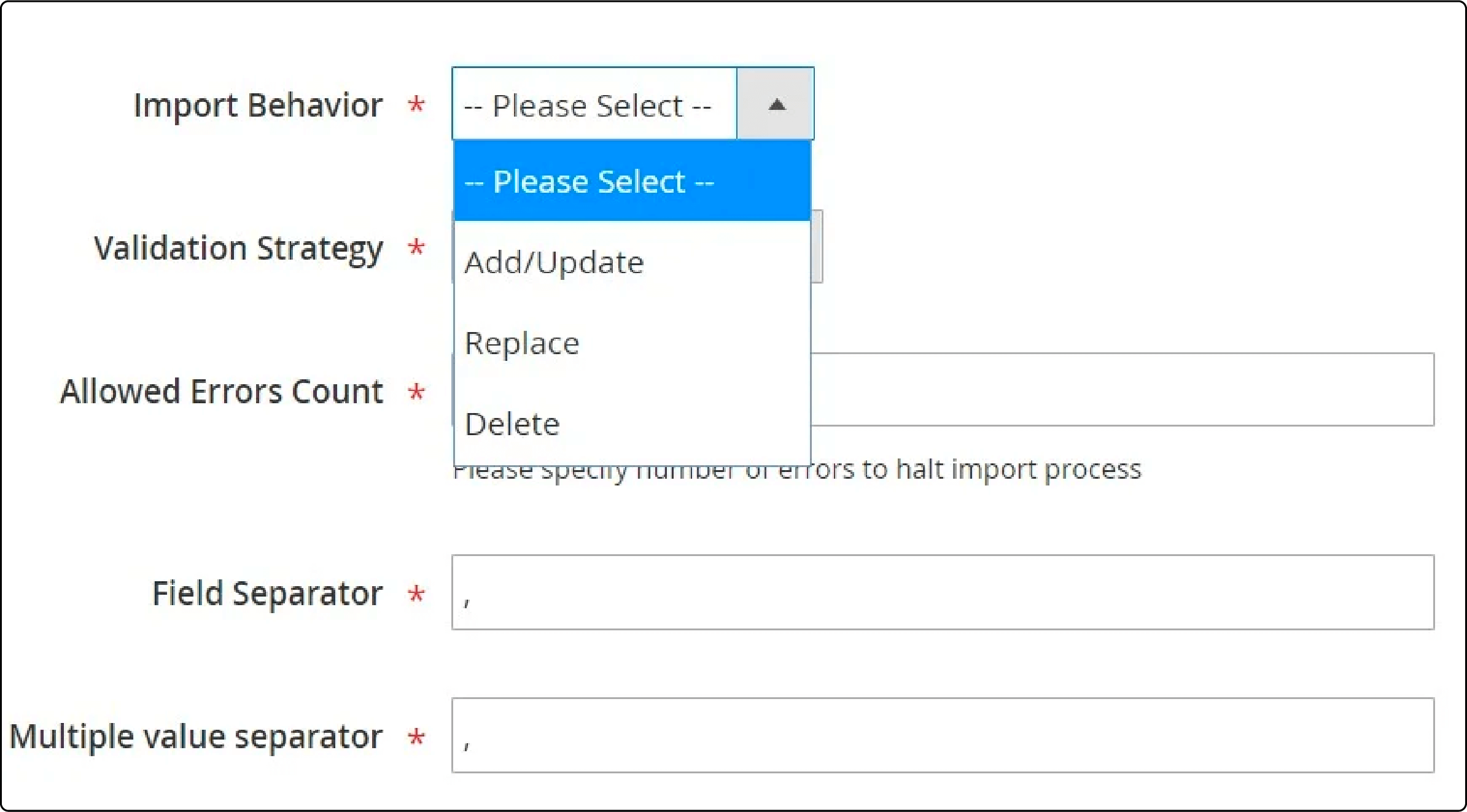 Detailed view of import behavior settings in data file migration process