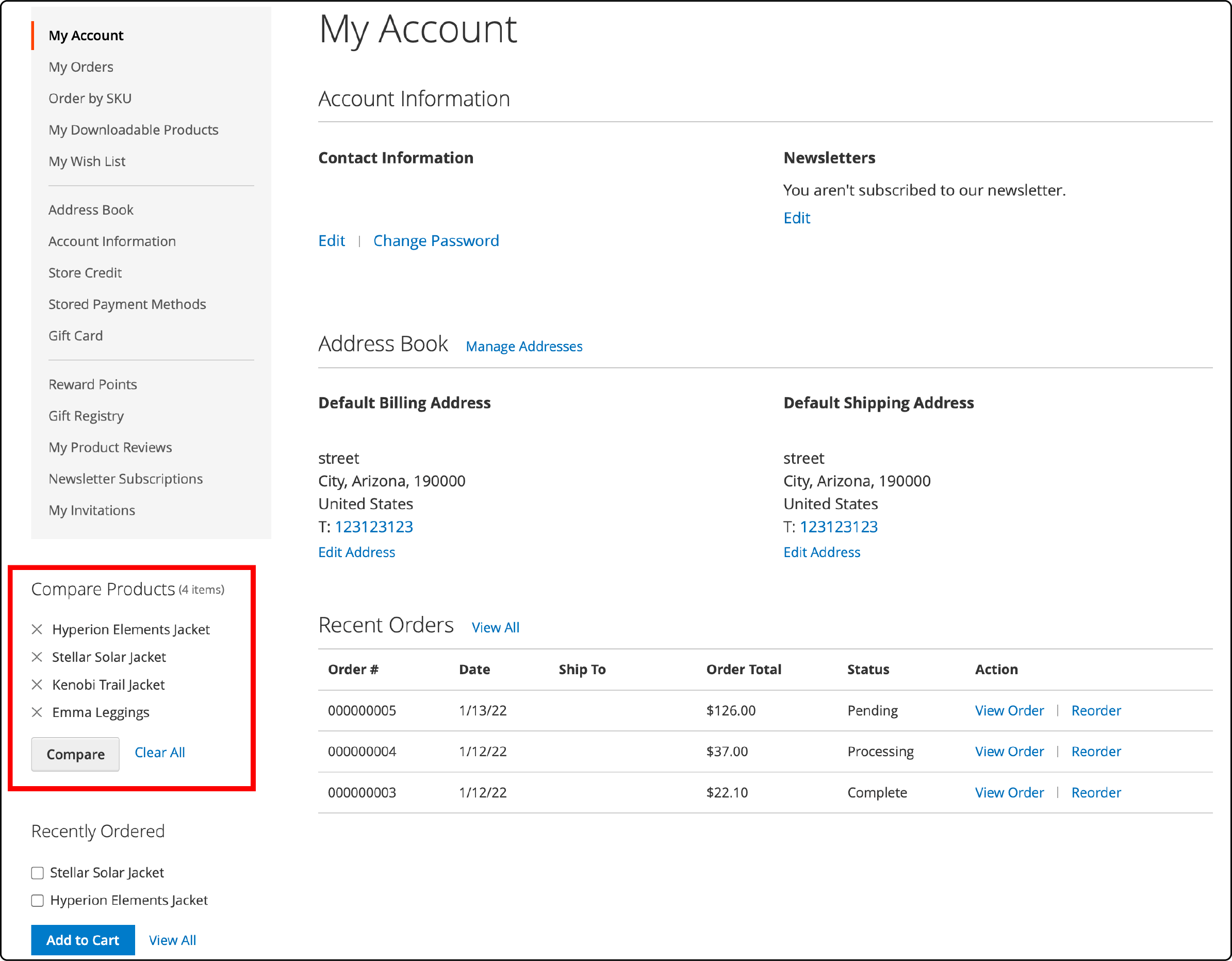 My Account Dashboard in Magento Demonstrating Product Comparison