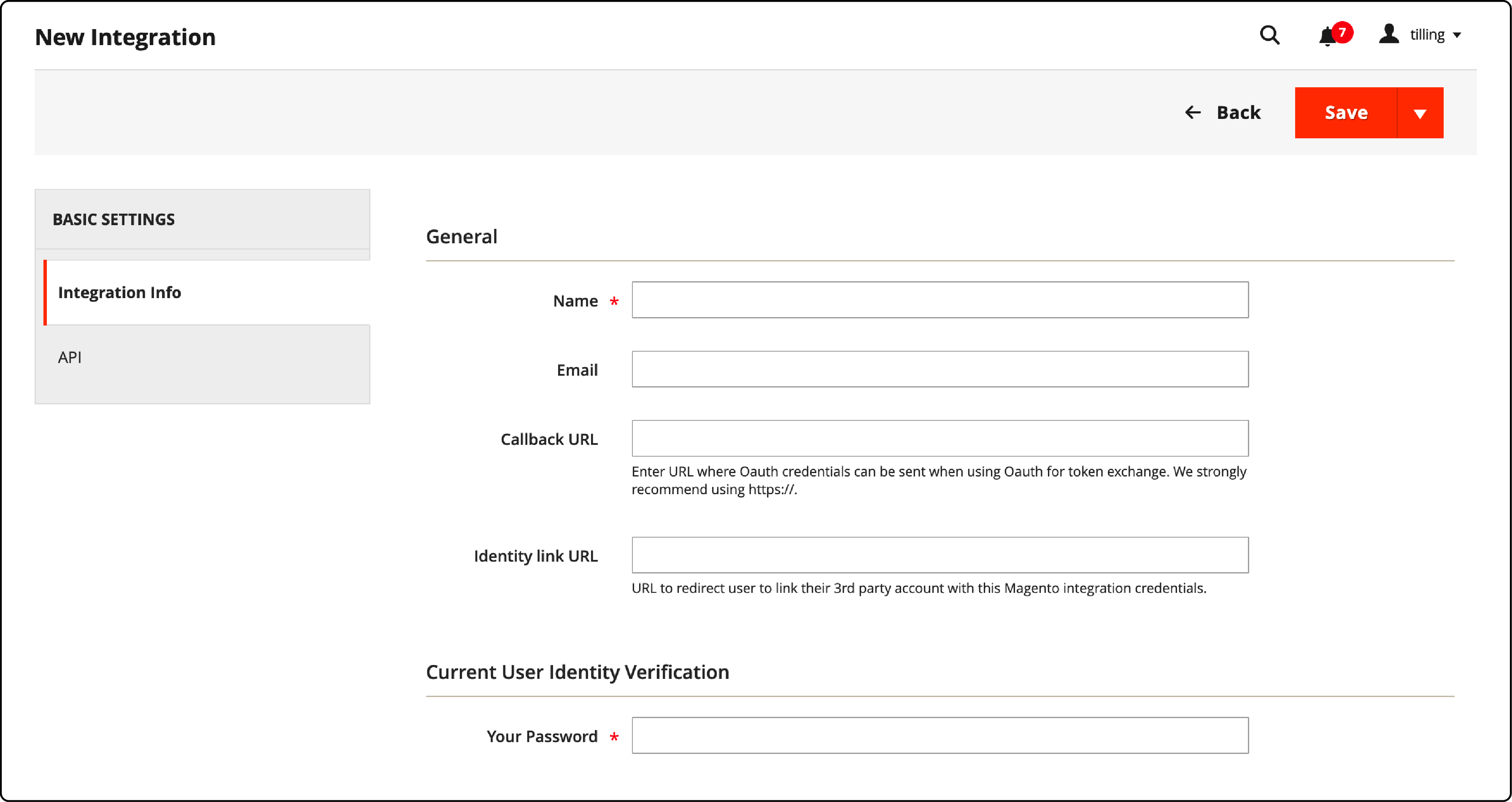 Step-by-step guide displaying integration information input in Magento 2 Admin Panel