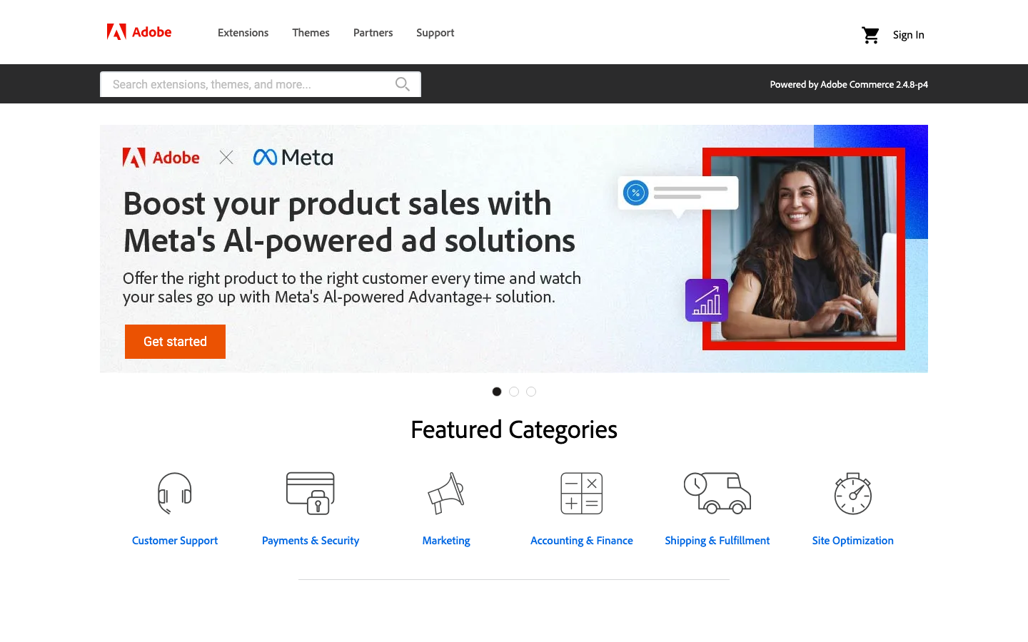 Adobe Commerce Marketplace homepage showing featured extension categories