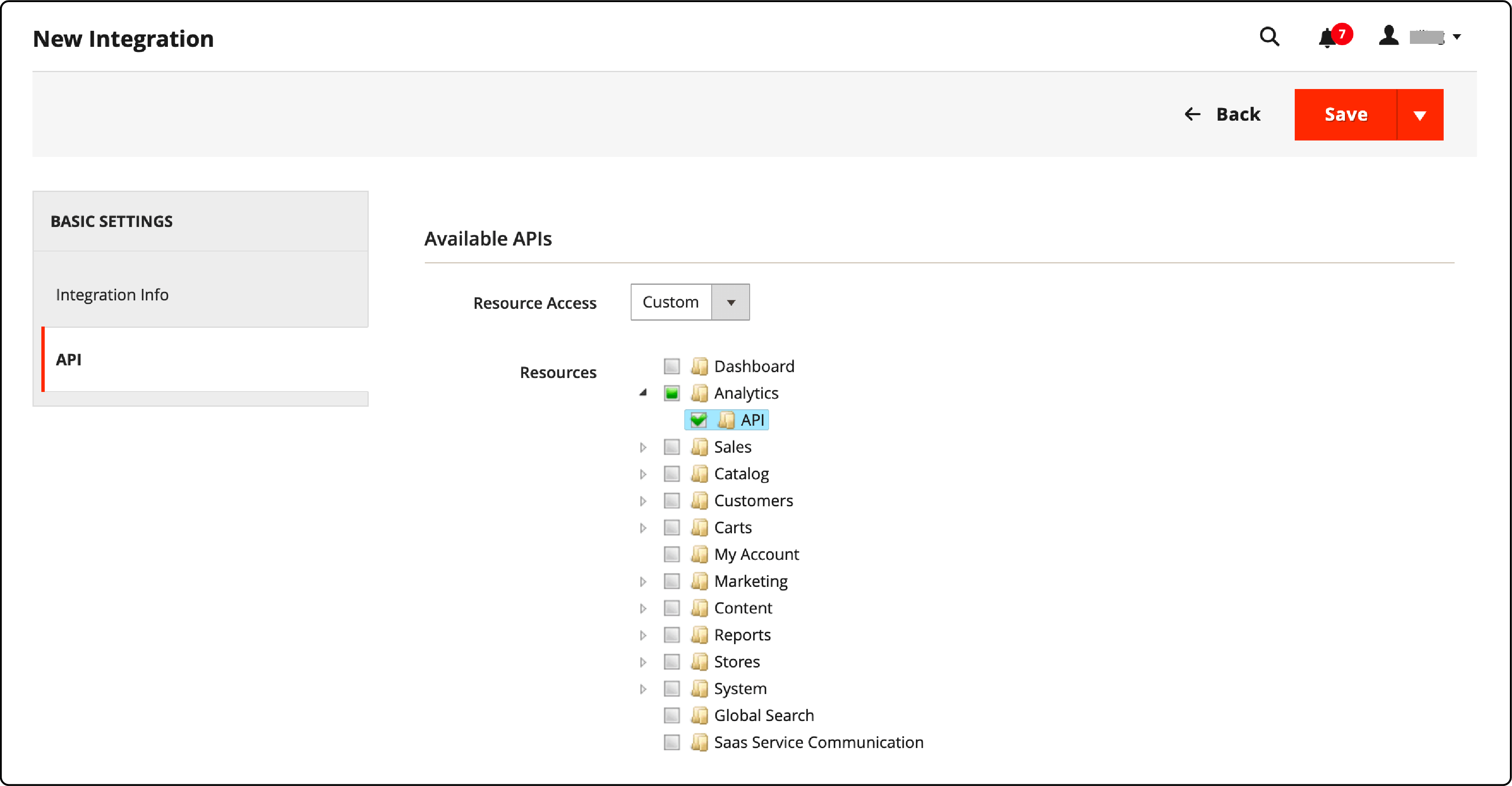 Detailed view of API resource settings for Magento 2 integration