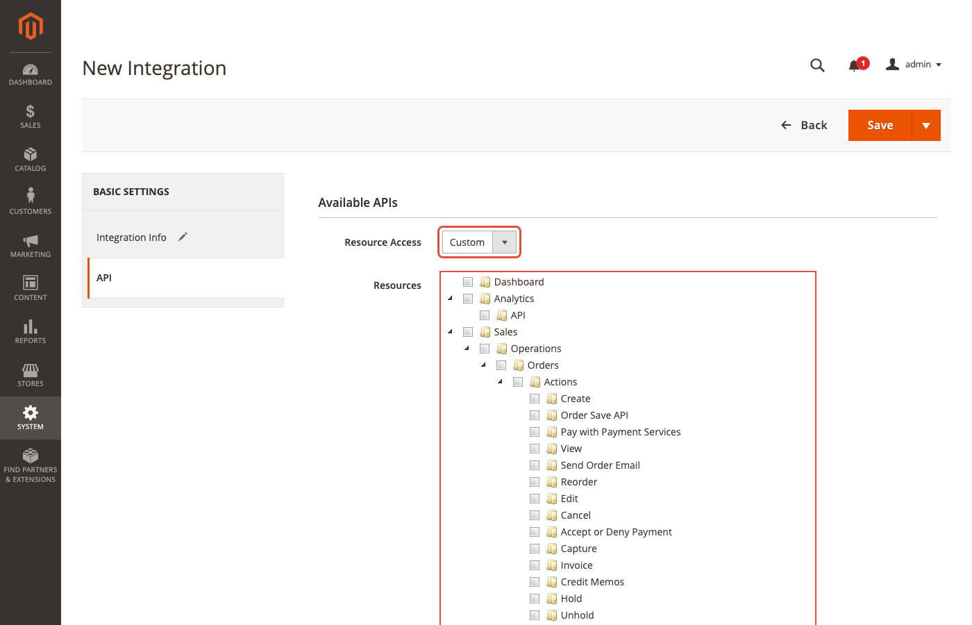 Magento Integrations API tab showing Resource Access Custom dropdown and resource tree