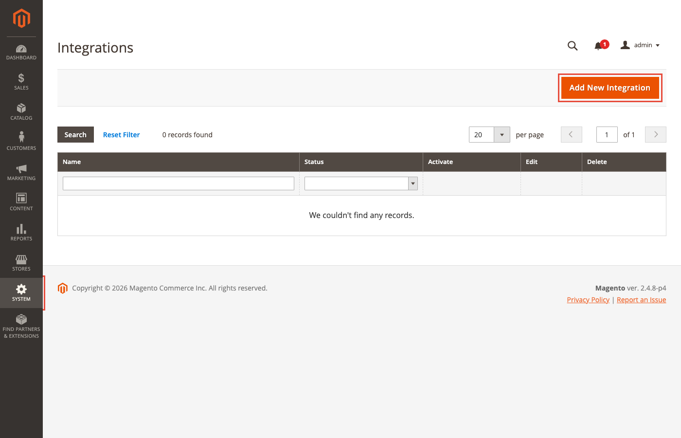 Magento 2.4.8 Integrations listing page with Add New Integration highlighted