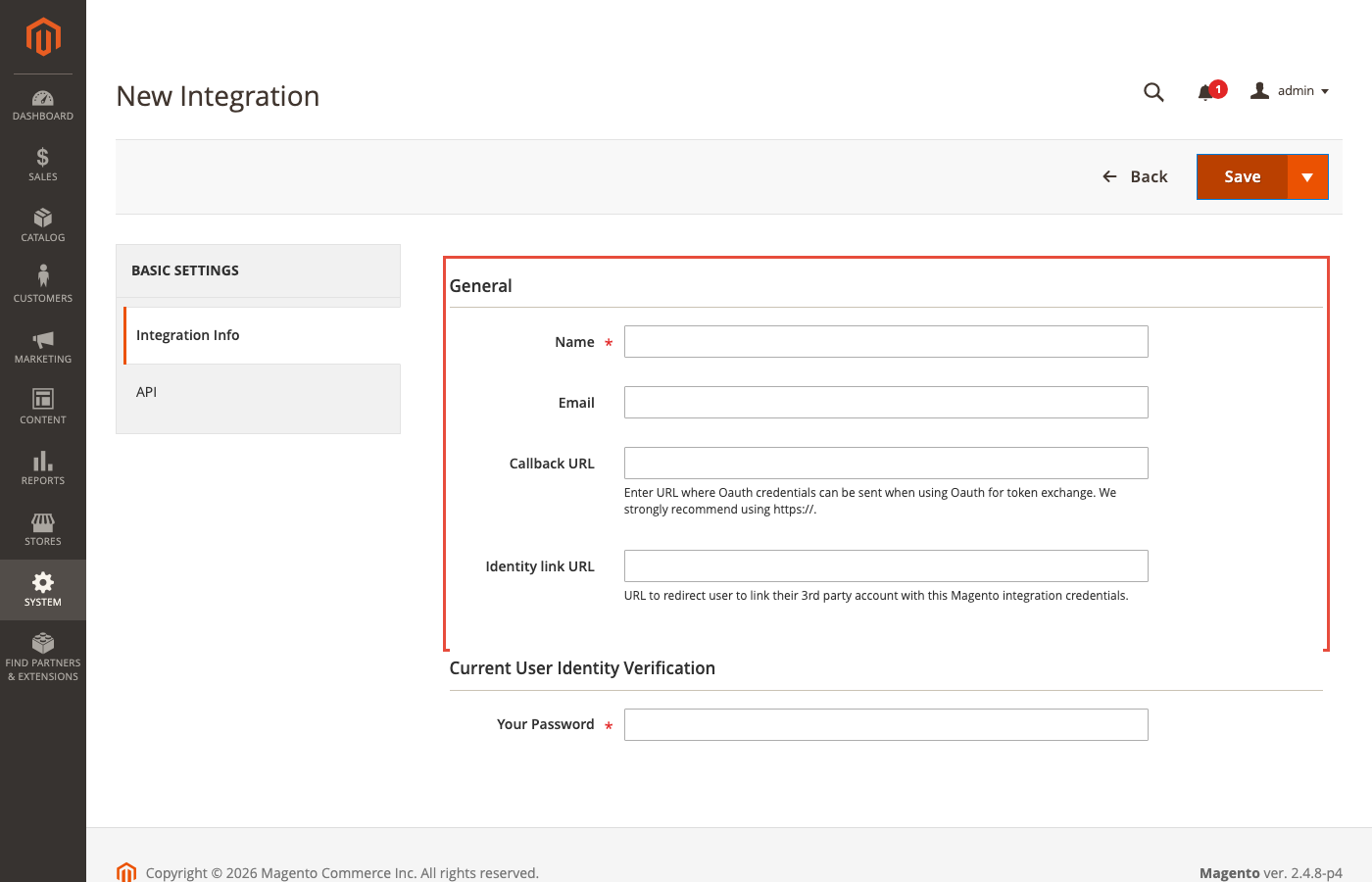 New Integration form in Magento admin showing Integration Info fields