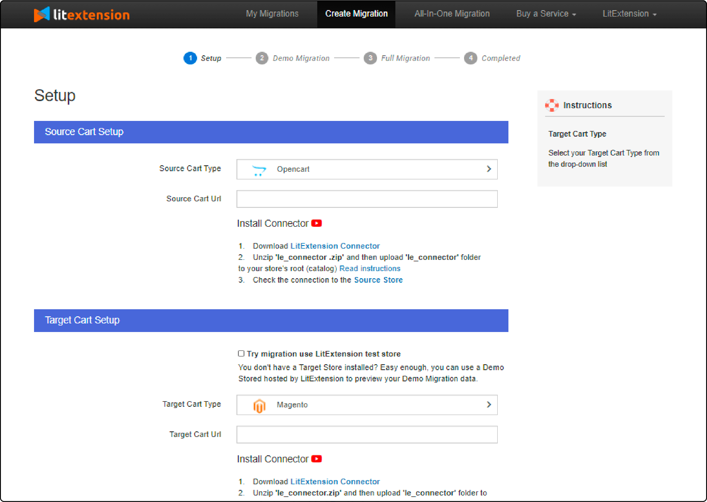 Configuring Source and Target Stores in Magento Migration Process