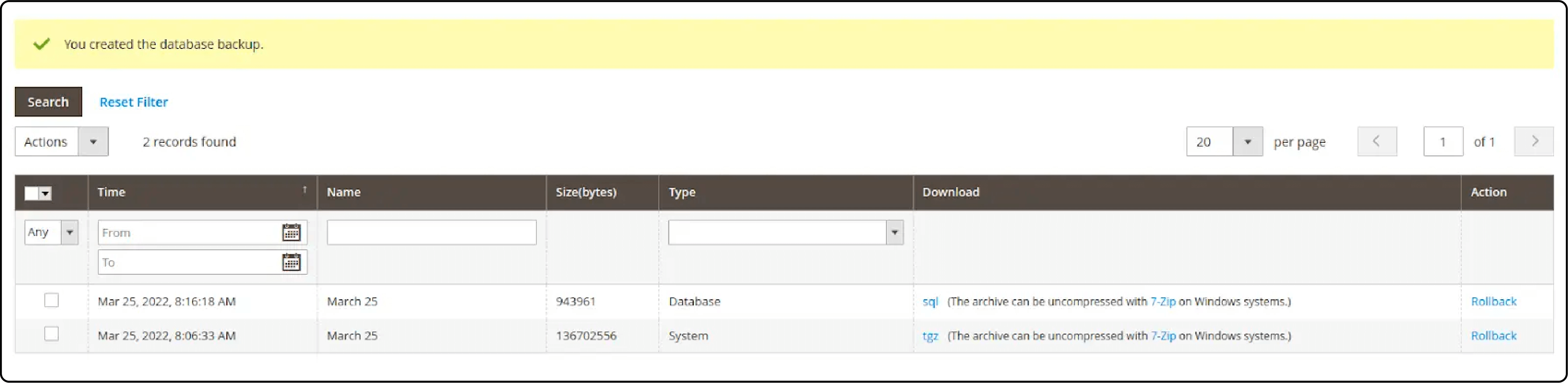 Confirmation of completed backup process in Magento Admin Panel