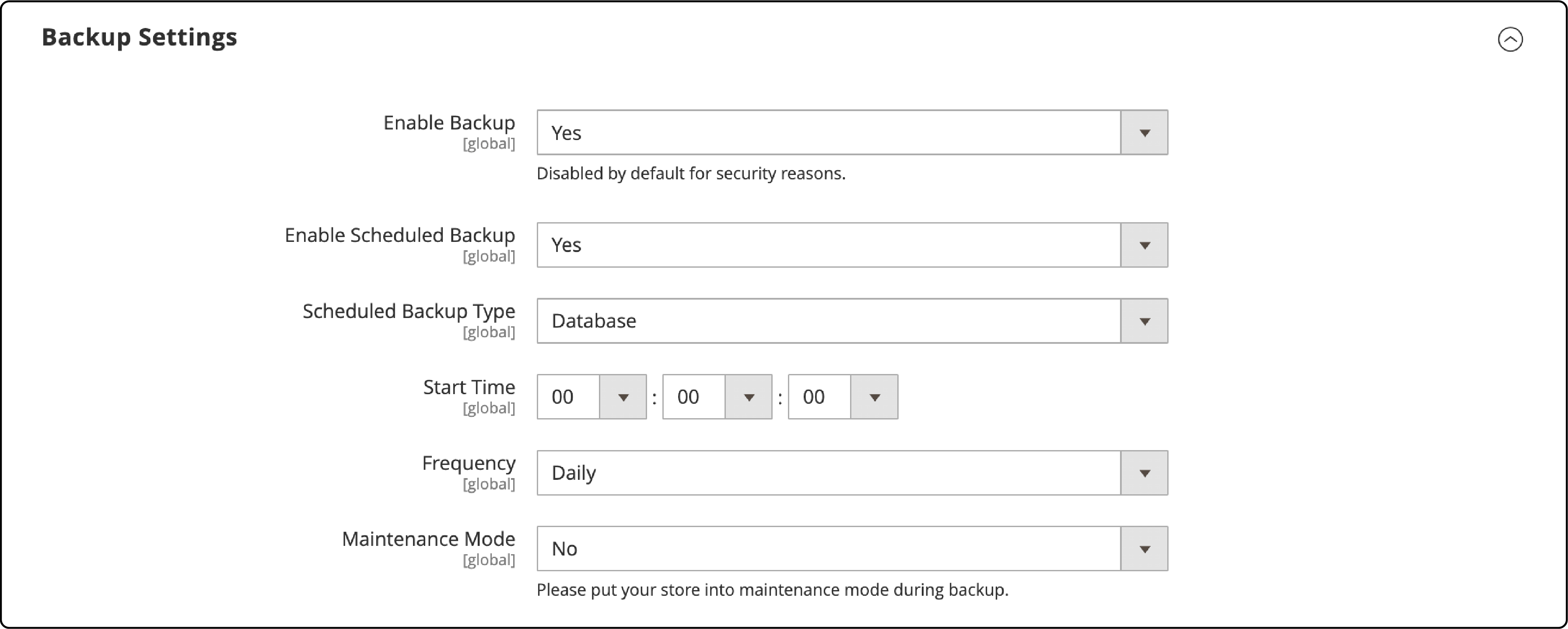 Configuring detailed backup settings in Magento