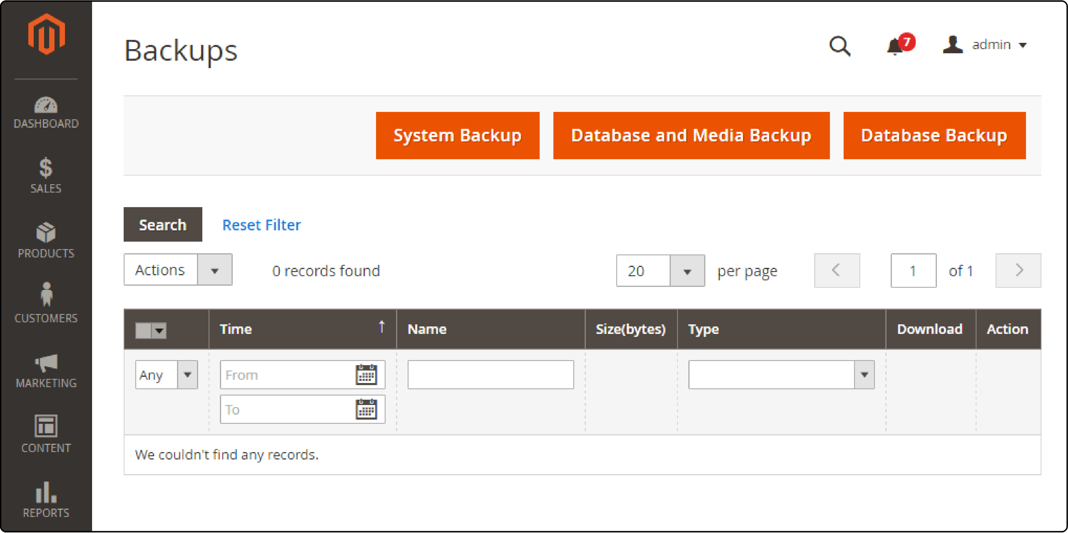 Choosing a specific backup type in Magento's Admin Panel