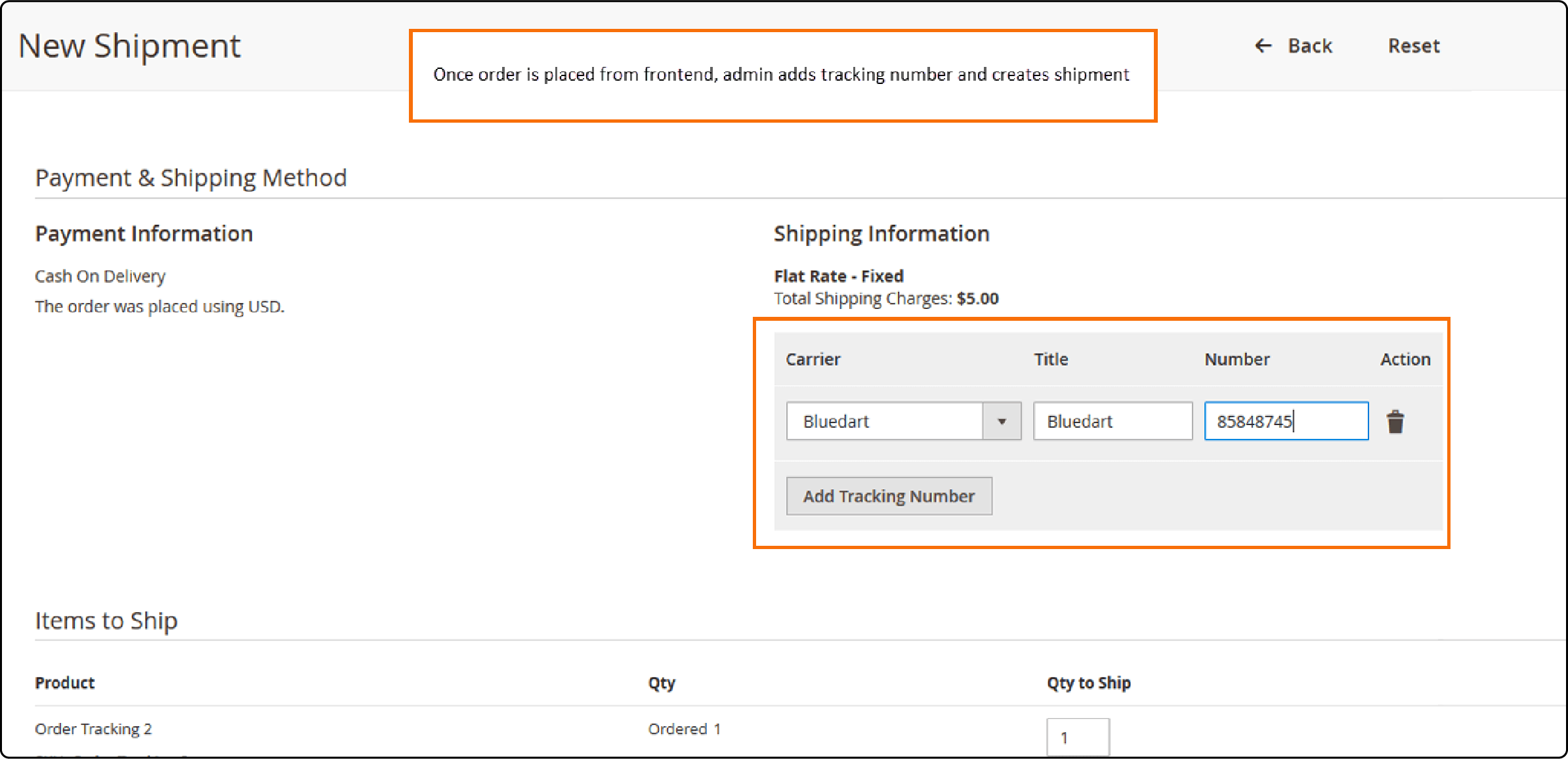 Process of creating a shipment in Magento 2's backend interface