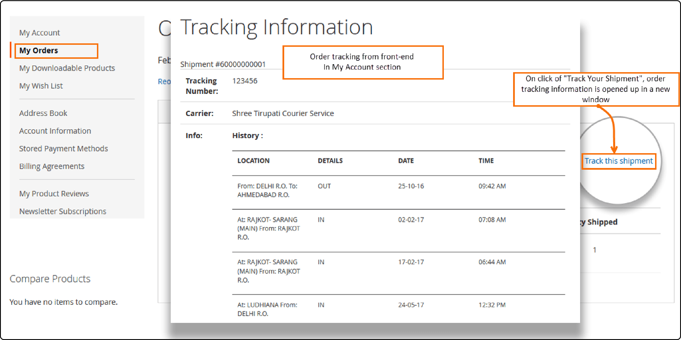 Customer's perspective of order tracking using Magento 2's frontend interface