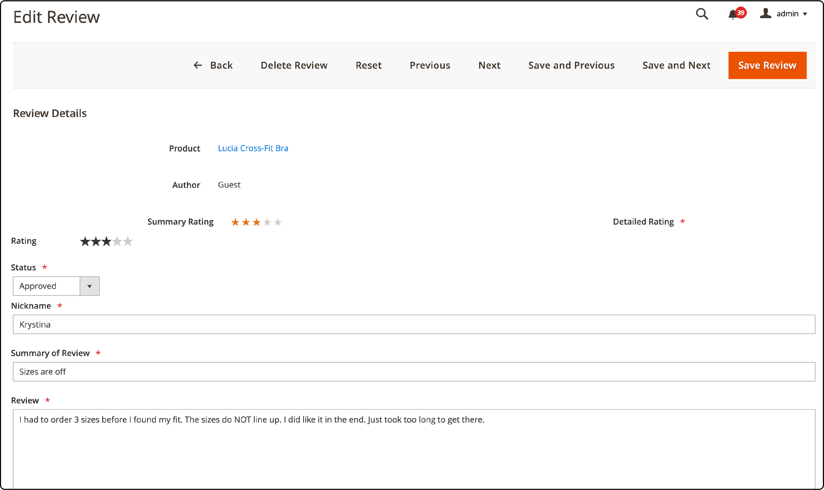 Editing interface for customer reviews in Magento 2