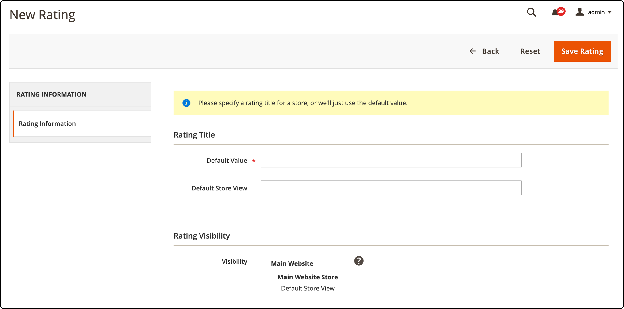 Setting up a new rating option in Magento 2