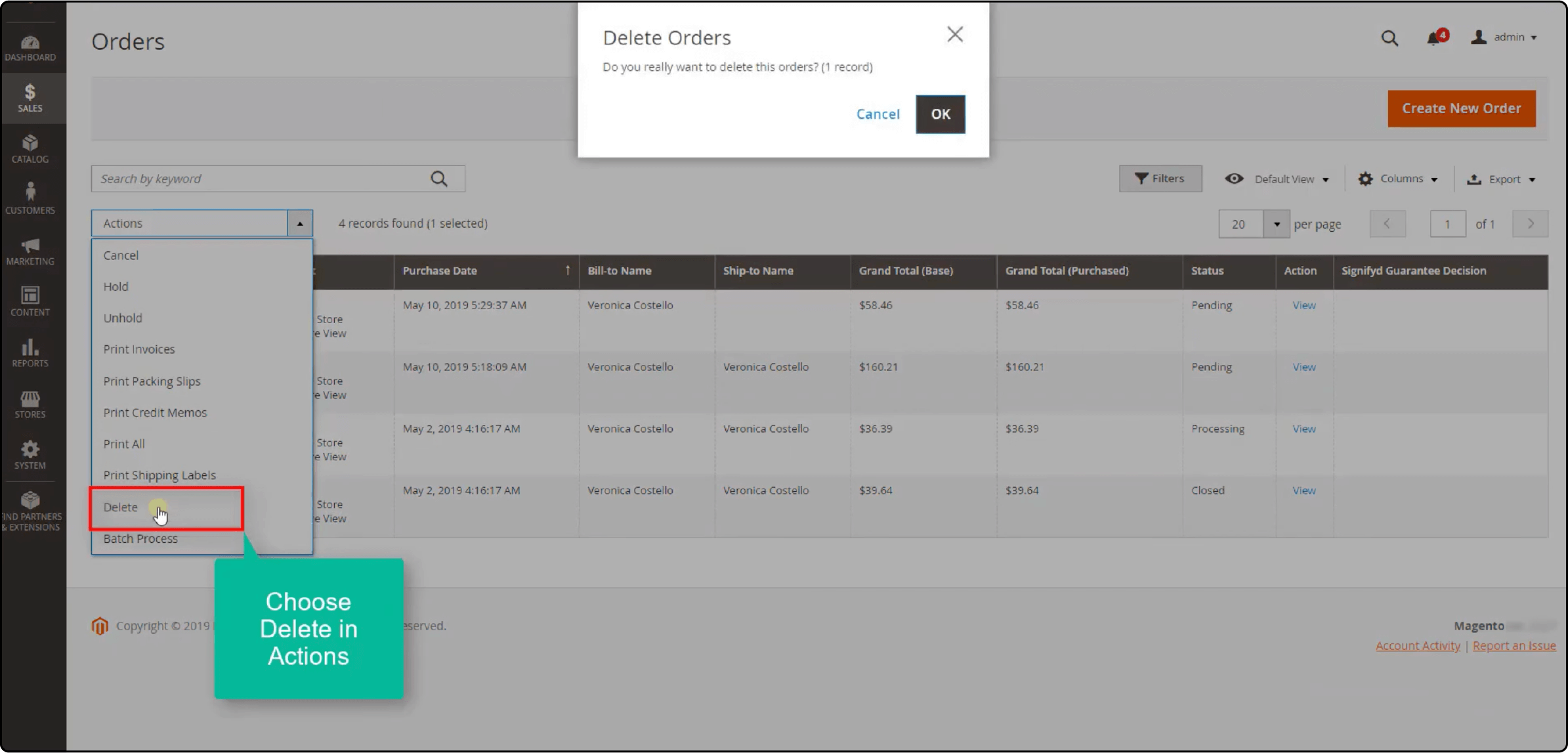 Magento 2 Admin Backend Interface for Deleting Orders