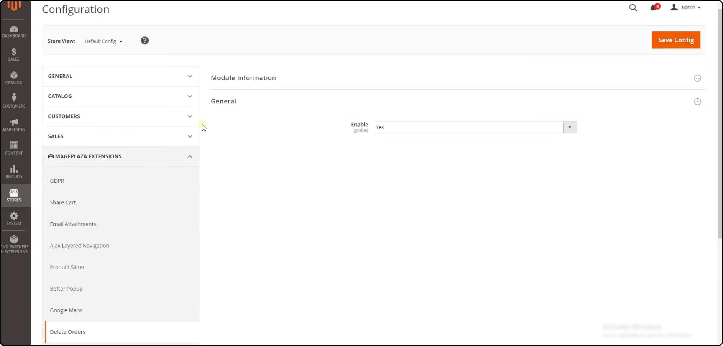 Magento 2 Admin Panel showing General Settings for Order Deletion Extension