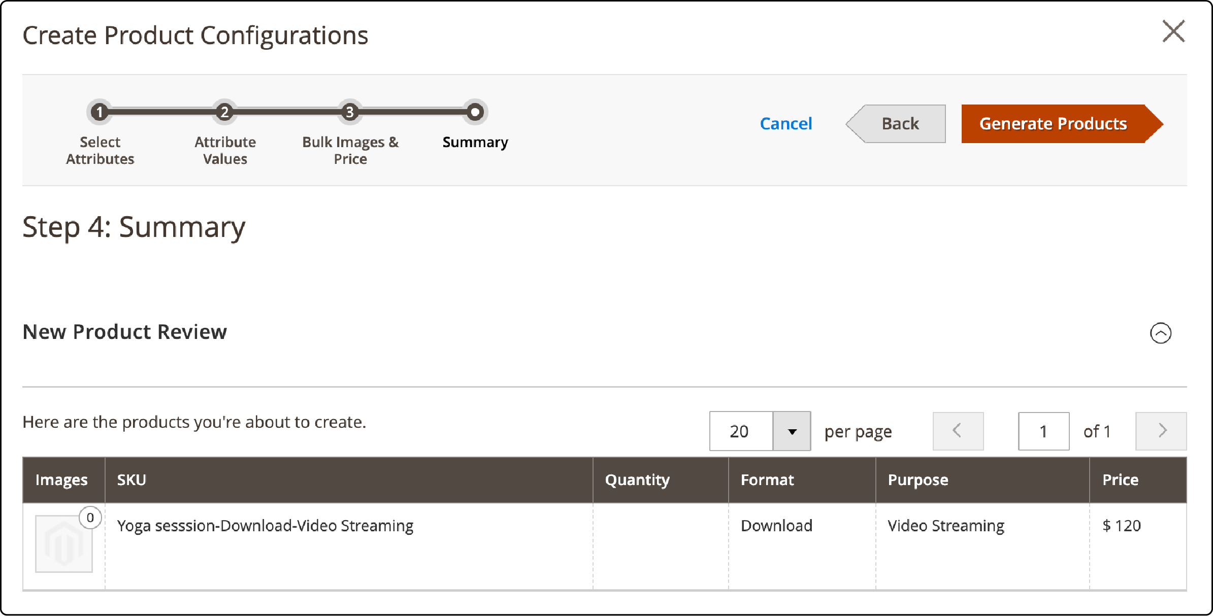 Summary view of a Virtual Product configuration in Magento 2