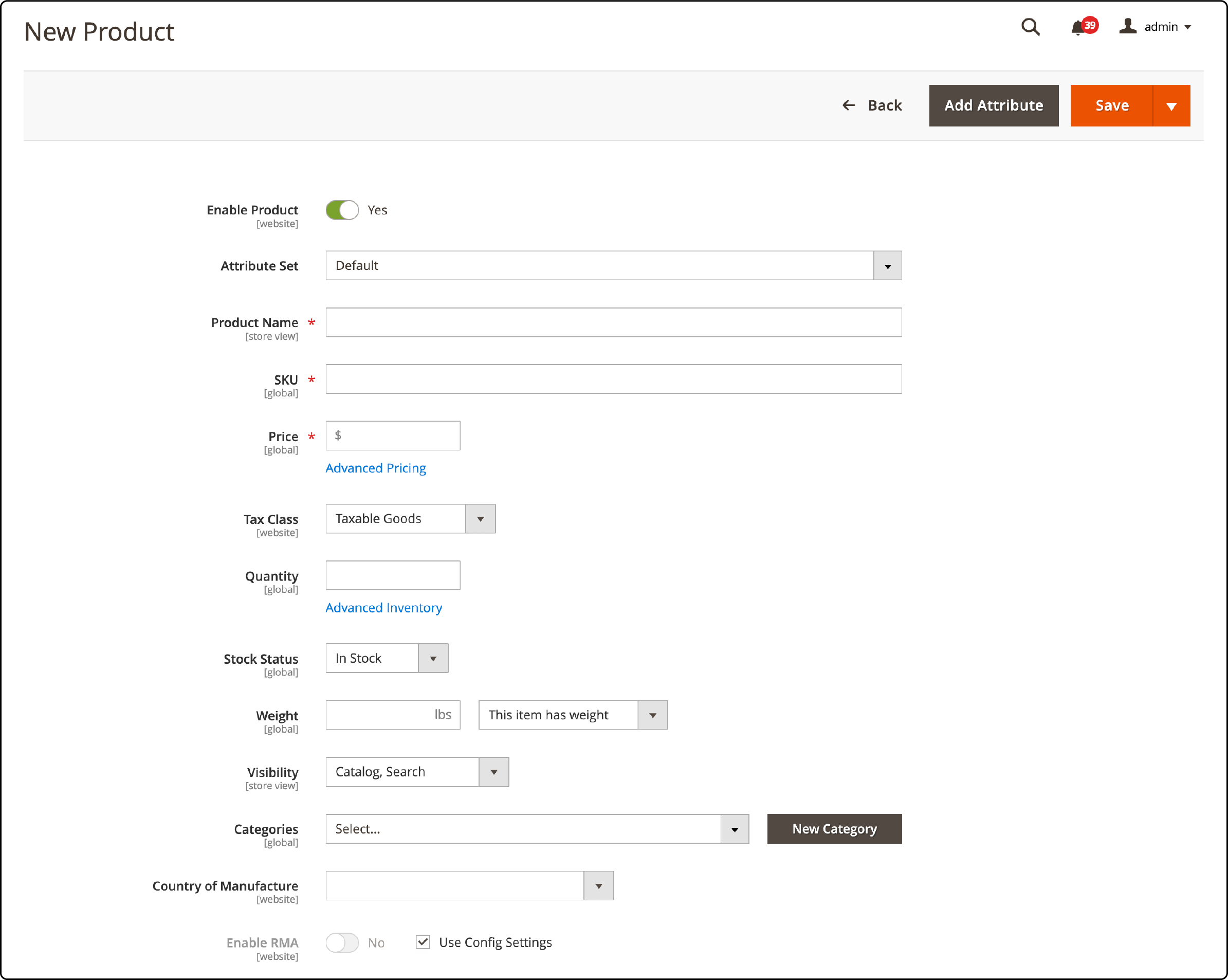 Configuring New Simple Product in Magento 2 dashboard