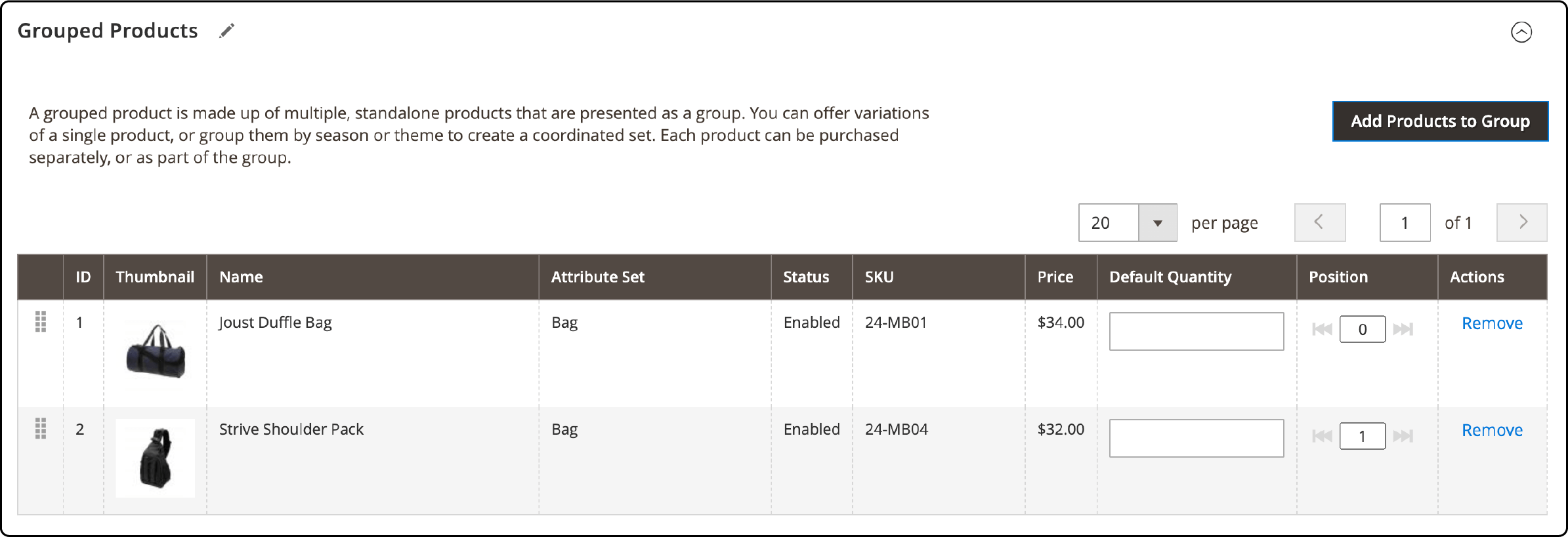 Finalized view of Grouped Products in Magento 2