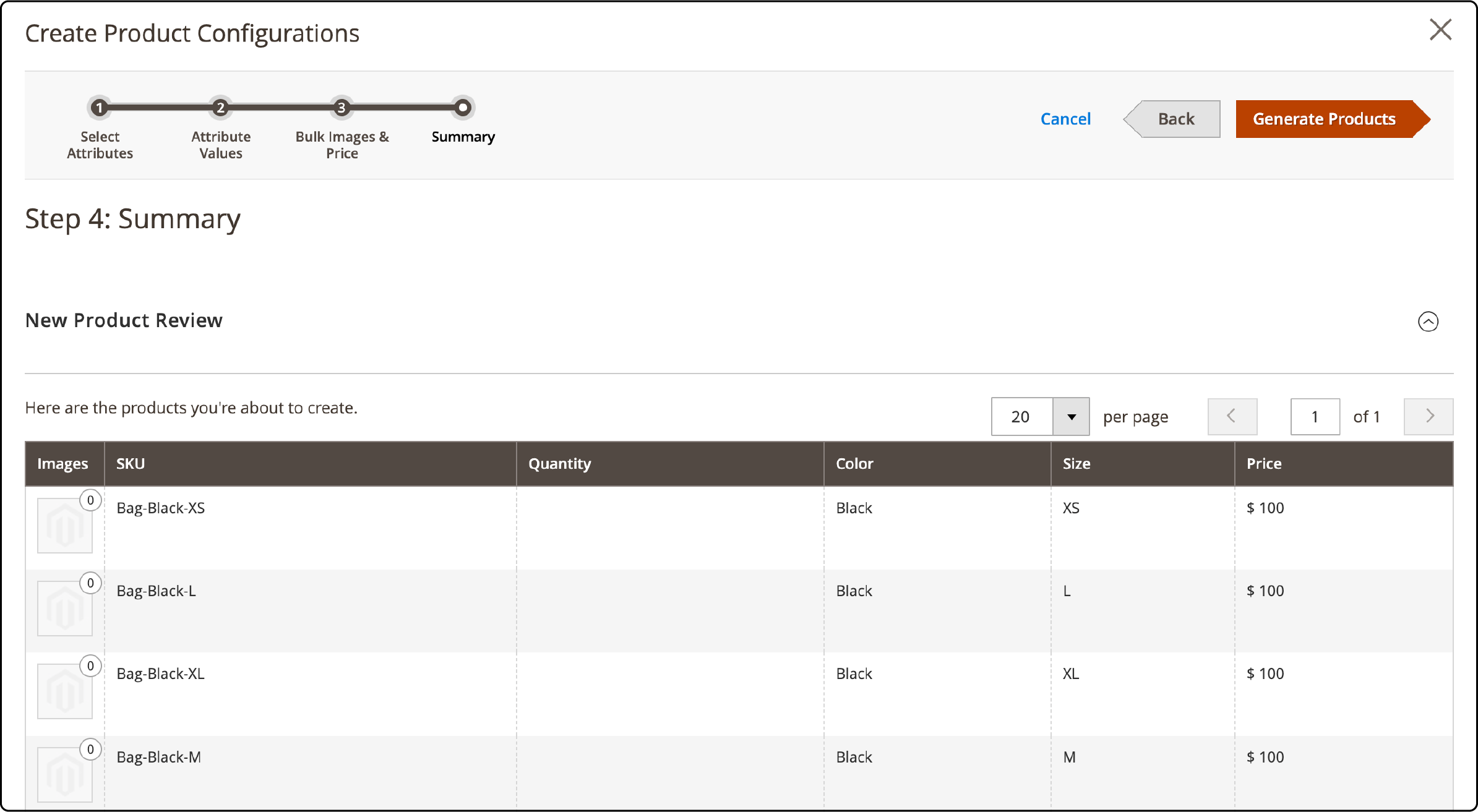 Summary view of Configurable Product setup in Magento 2