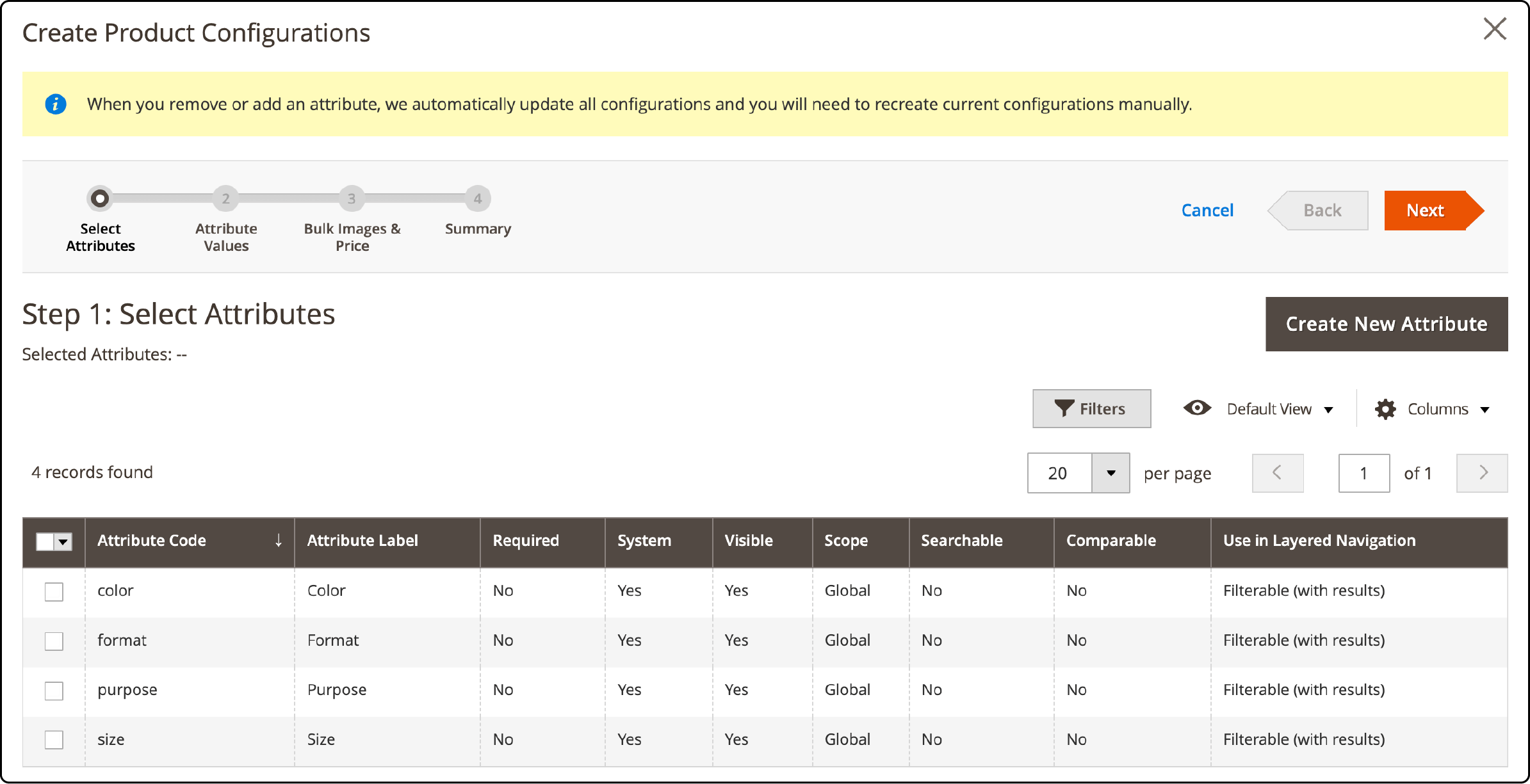 Selecting attributes for a Configurable Product in Magento 2