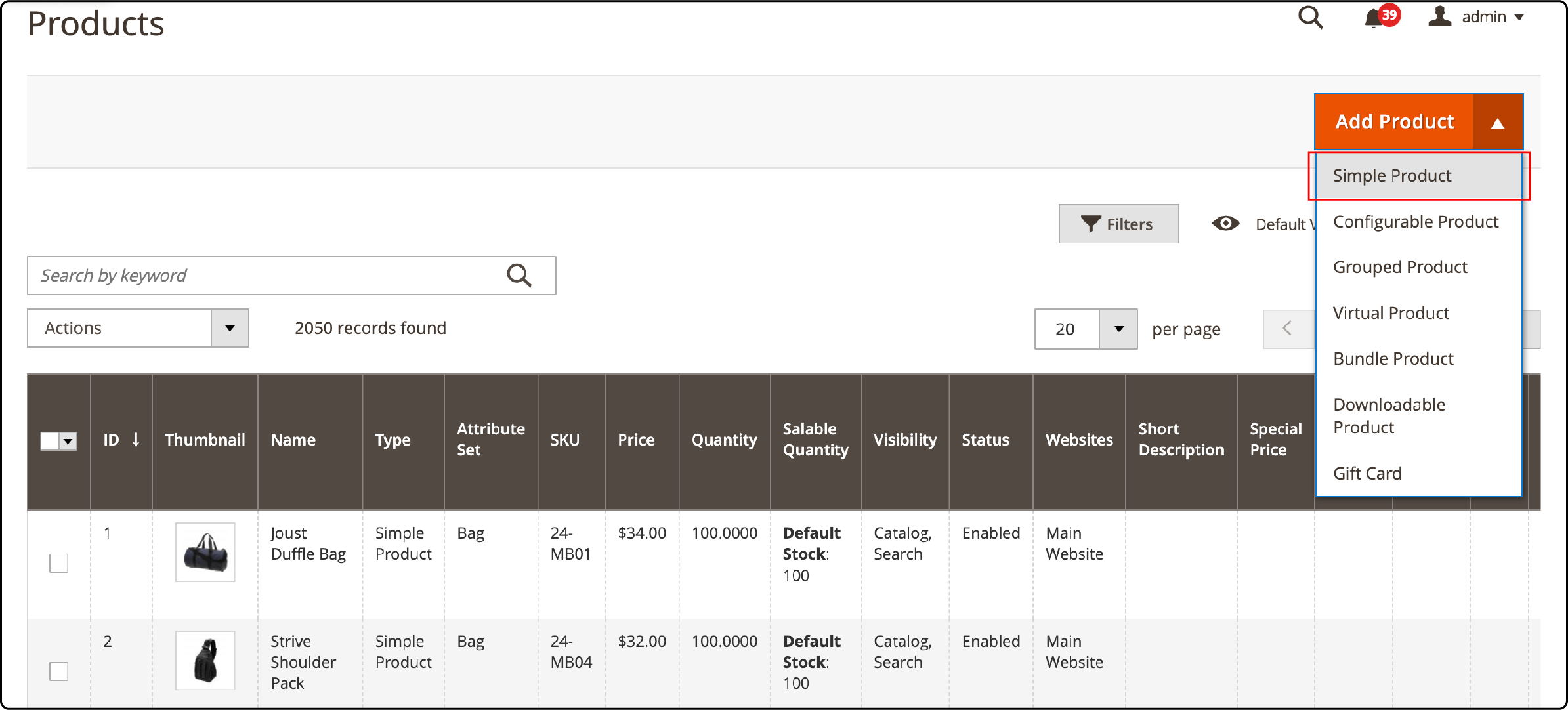 Step to create simple products in Magento 2: Selecting Simple Product