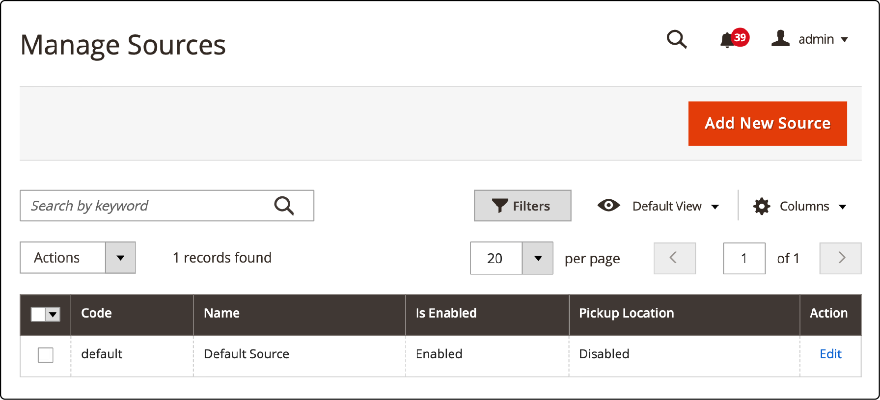 Magento 2 admin panel showing the Manage Sources page for Multi-Source Inventory setup