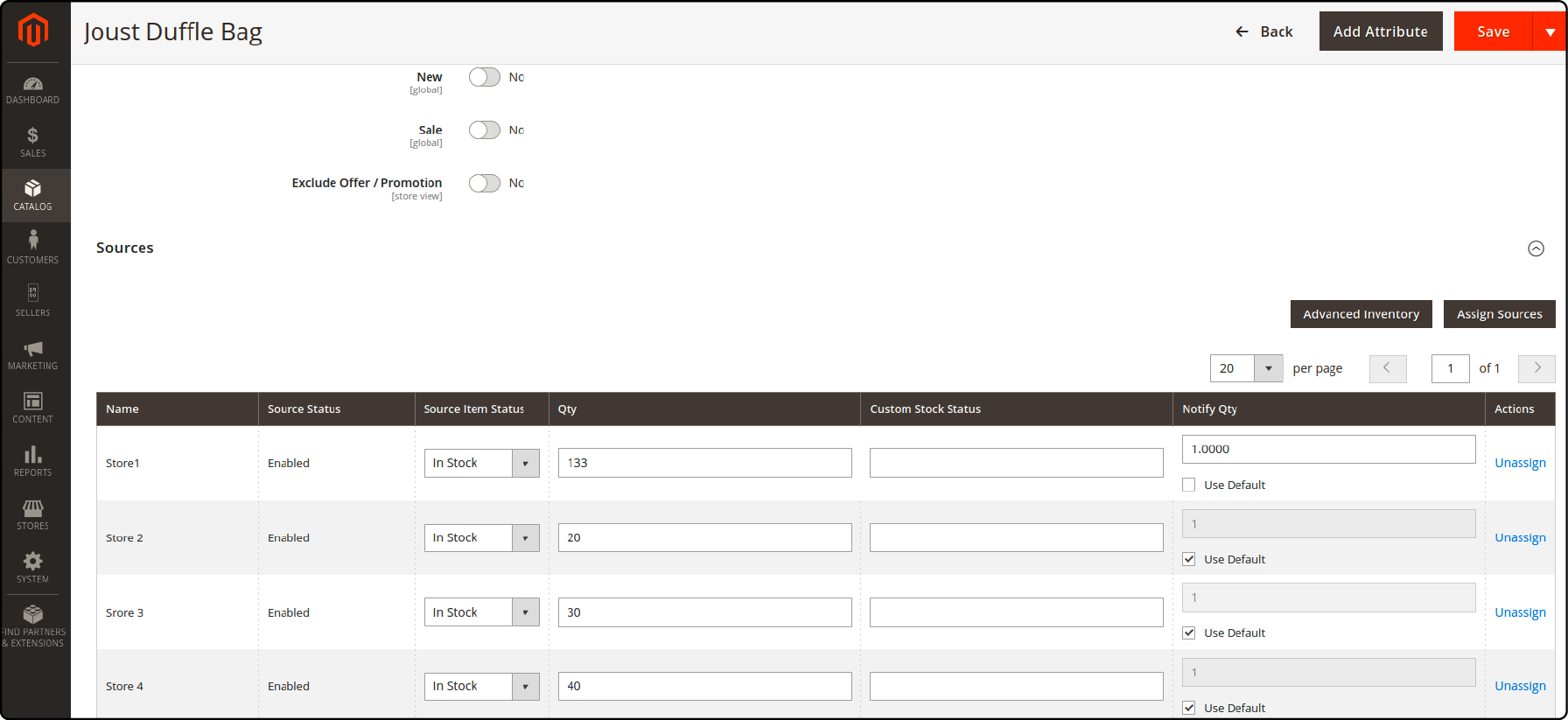 Magento 2 MSI interface for assigning products to different inventory sources