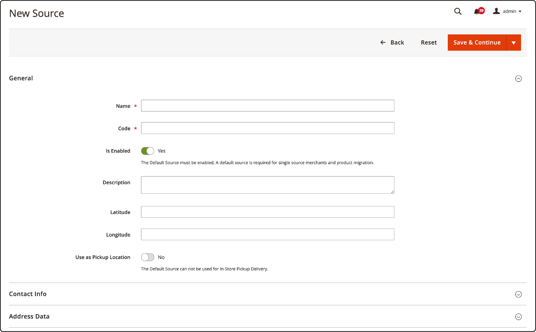 Interface for adding a new source in Magento Multi-Source Inventory highlighting key fields