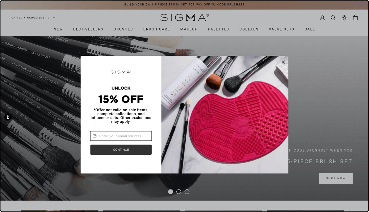 Sigma Beauty’s Magento store featuring a variety of makeup brushes.