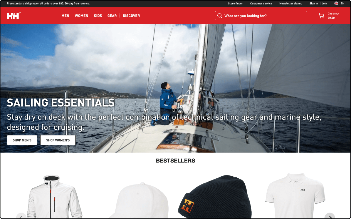 Helly Hansen’s Magento store displaying a range of outdoor sports gear.