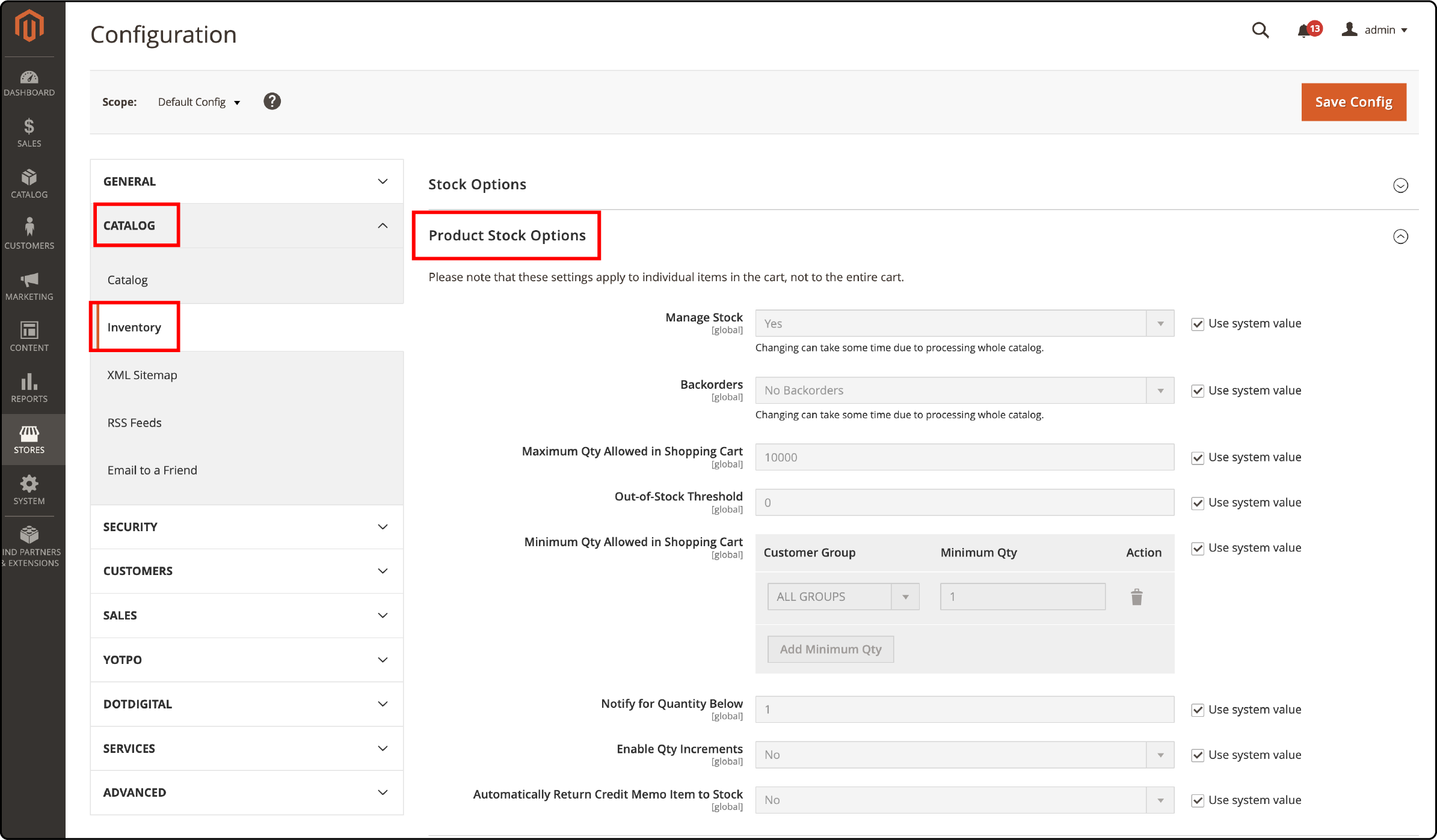 Navigating to Inventory Section in Magento 2 for Low Stock Notification Setup