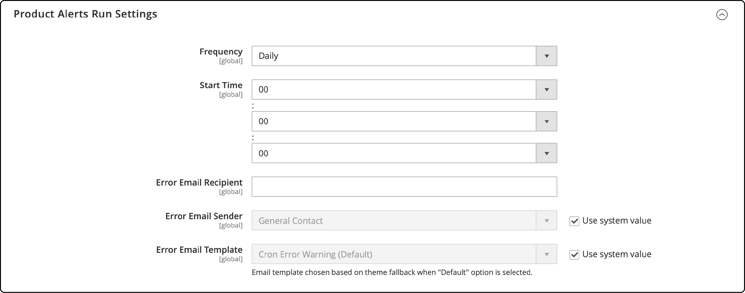 Detailed view of run settings configuration for Magento 2 product alerts system