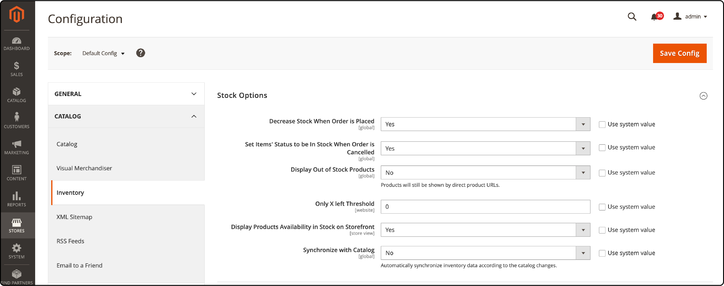 Magento 2 admin panel showing stock options setup for out-of-stock notification feature