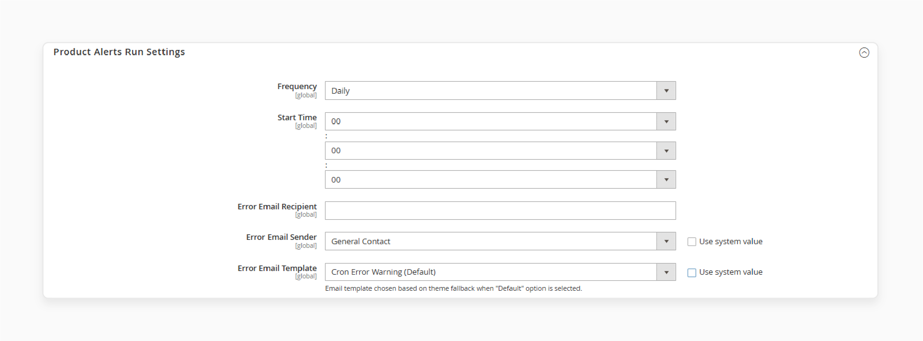 alert frequency and email error settings for magento 2 stock alerts