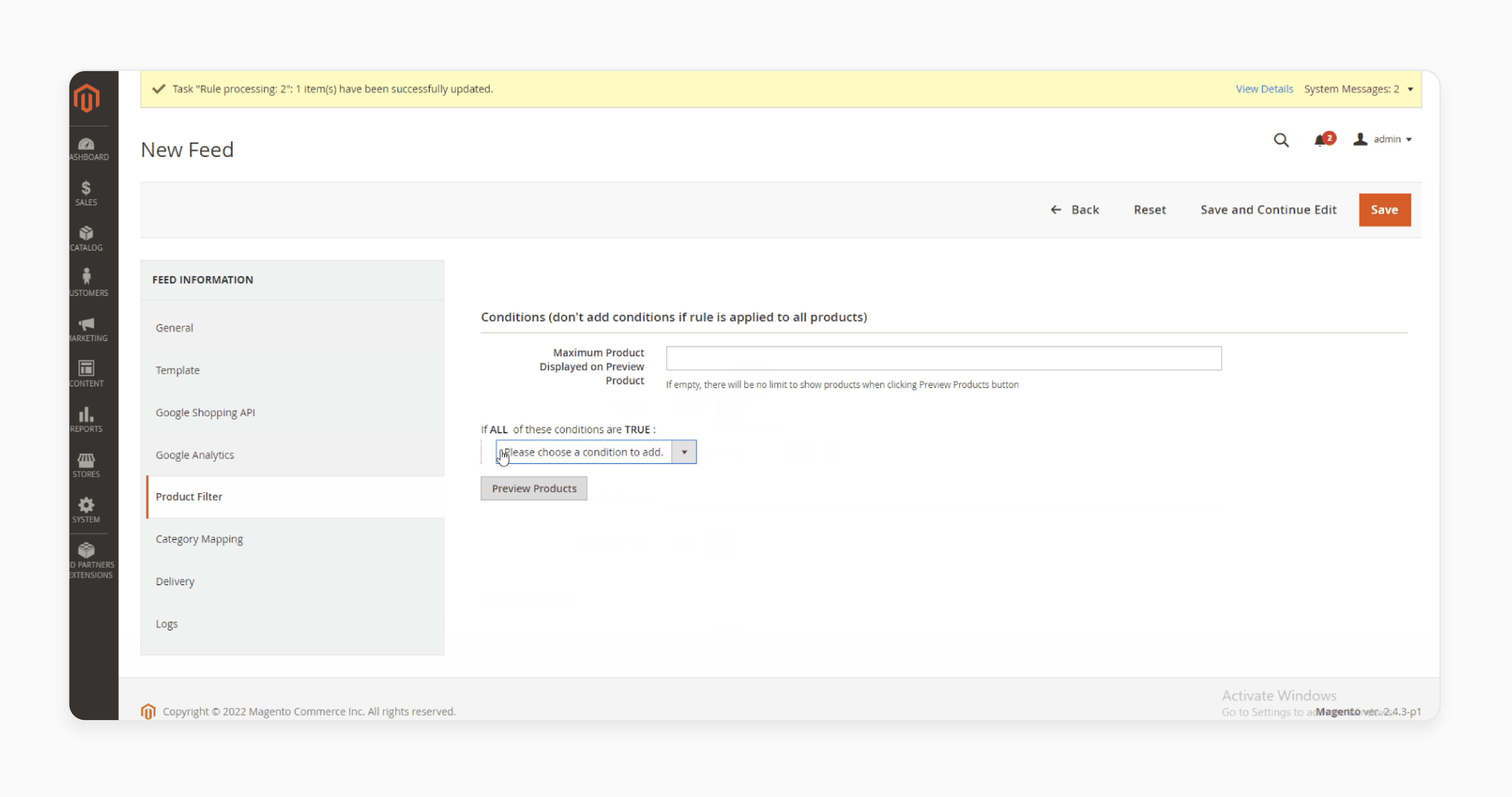 Preview settings for managing Magento product feed extension