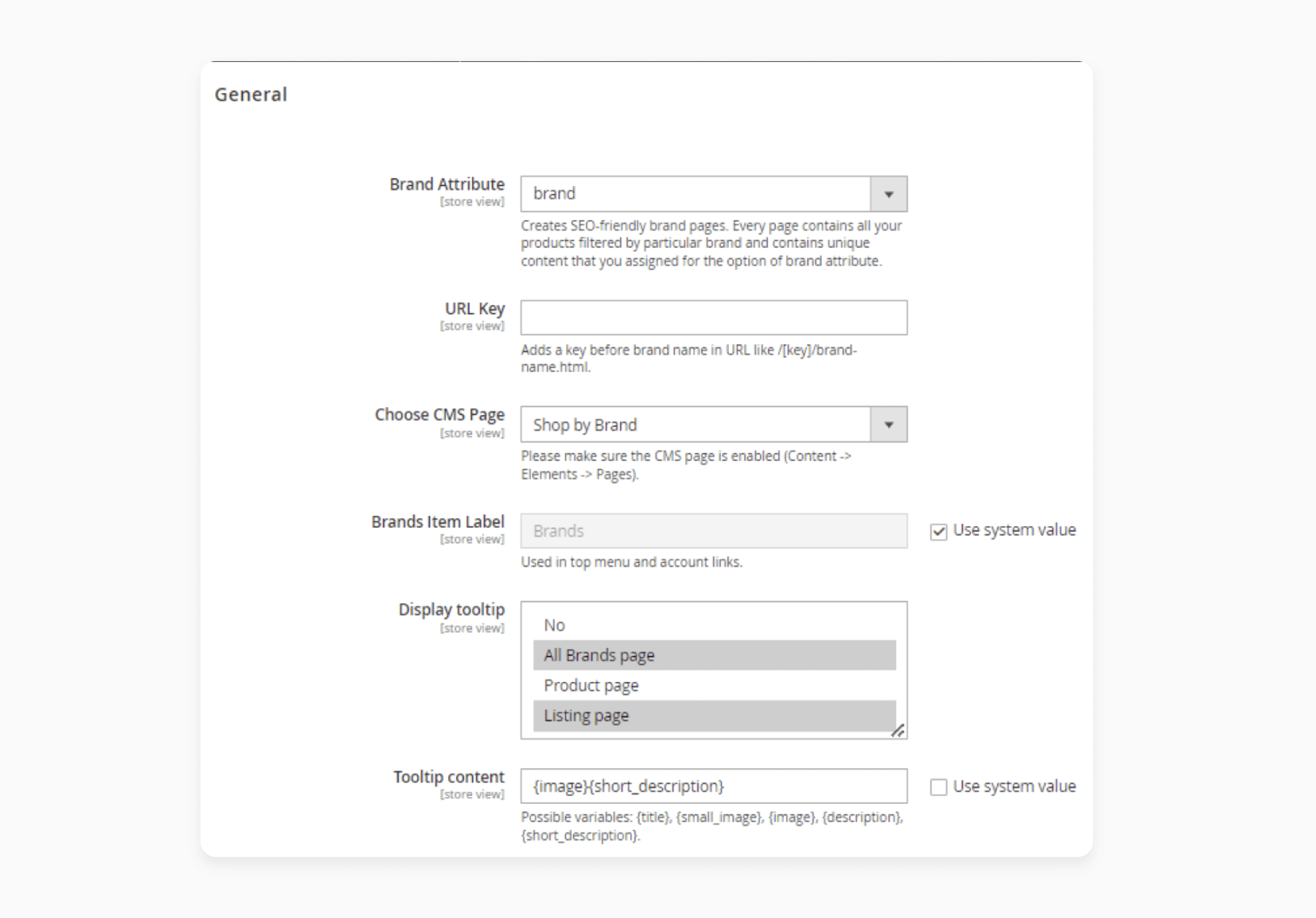 Configuring general settings for brand attribute in Magento 2